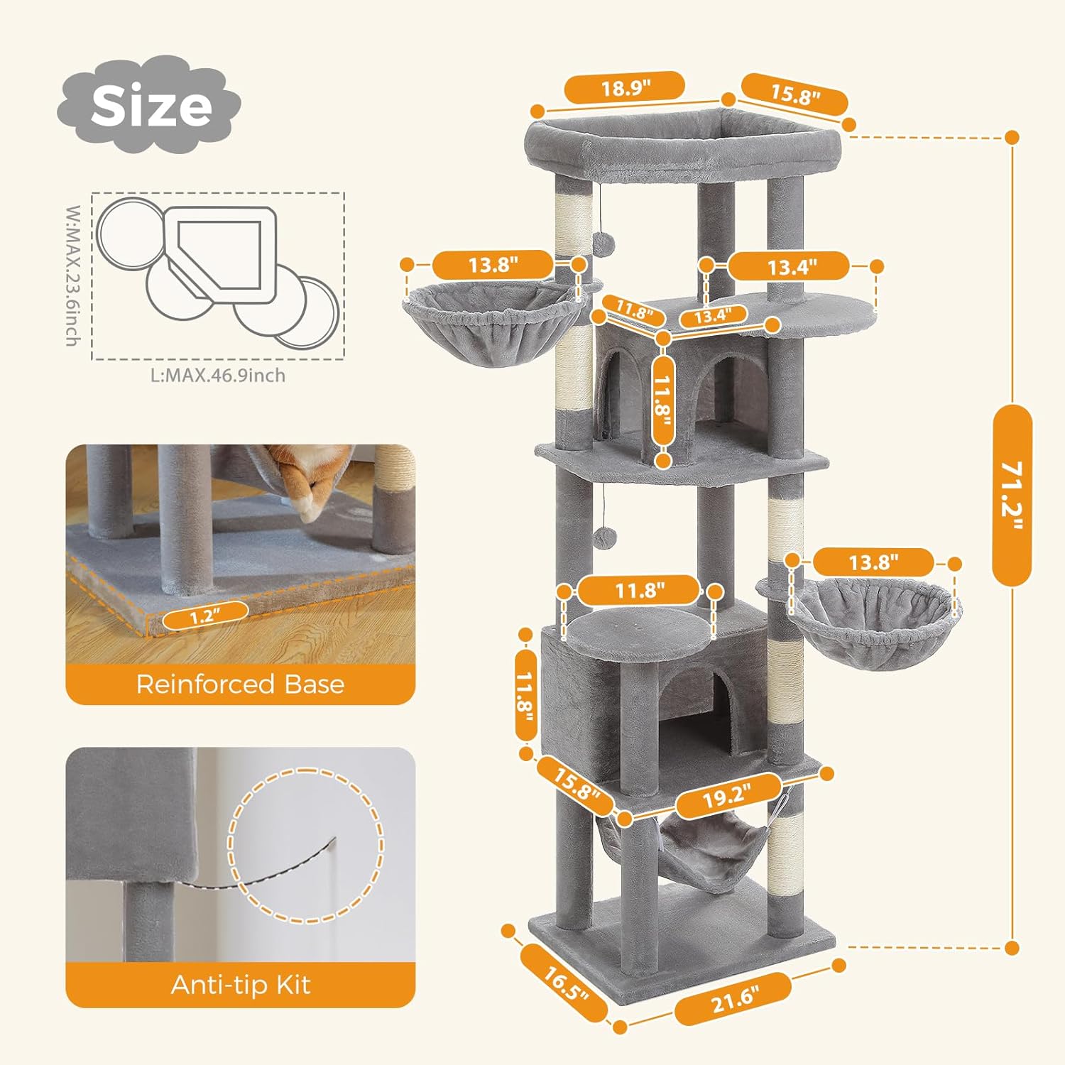 Diagram showing cat tree dimensions, reinforced base, and anti-tip kit installation.