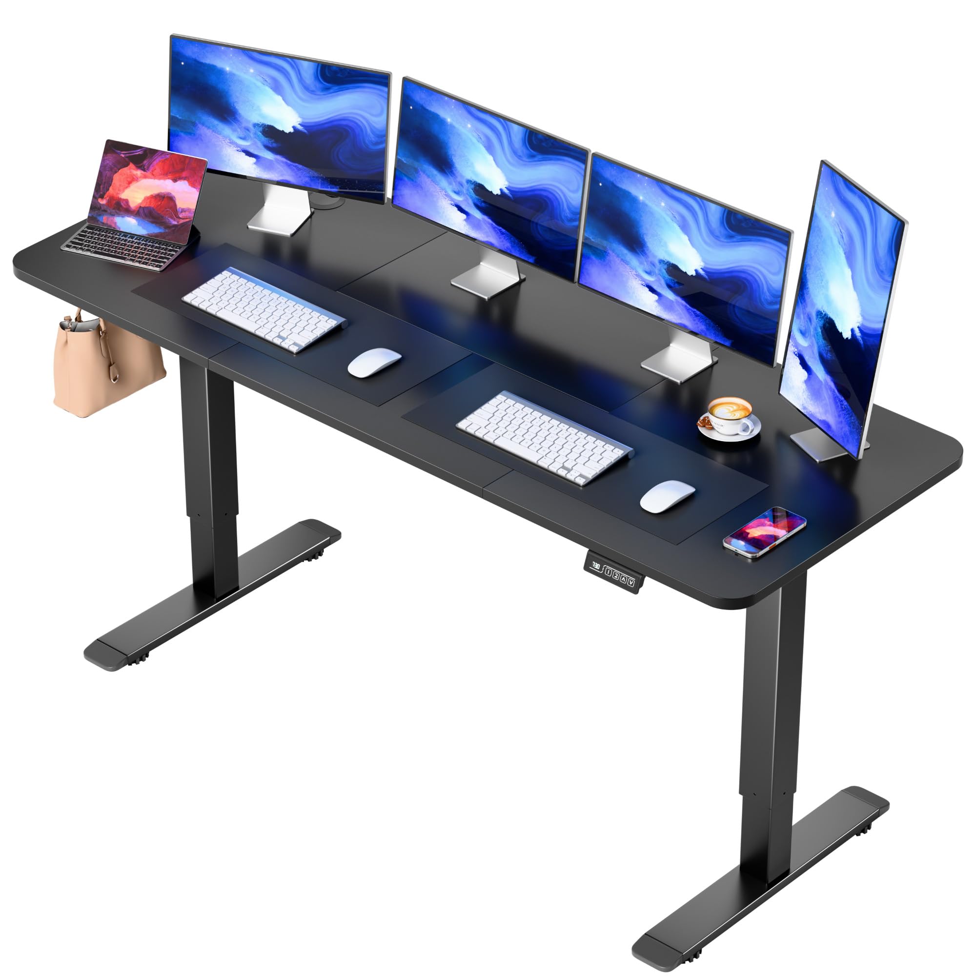User working comfortably at the JUMMICO standing desk in a sitting position with multiple monitors.
