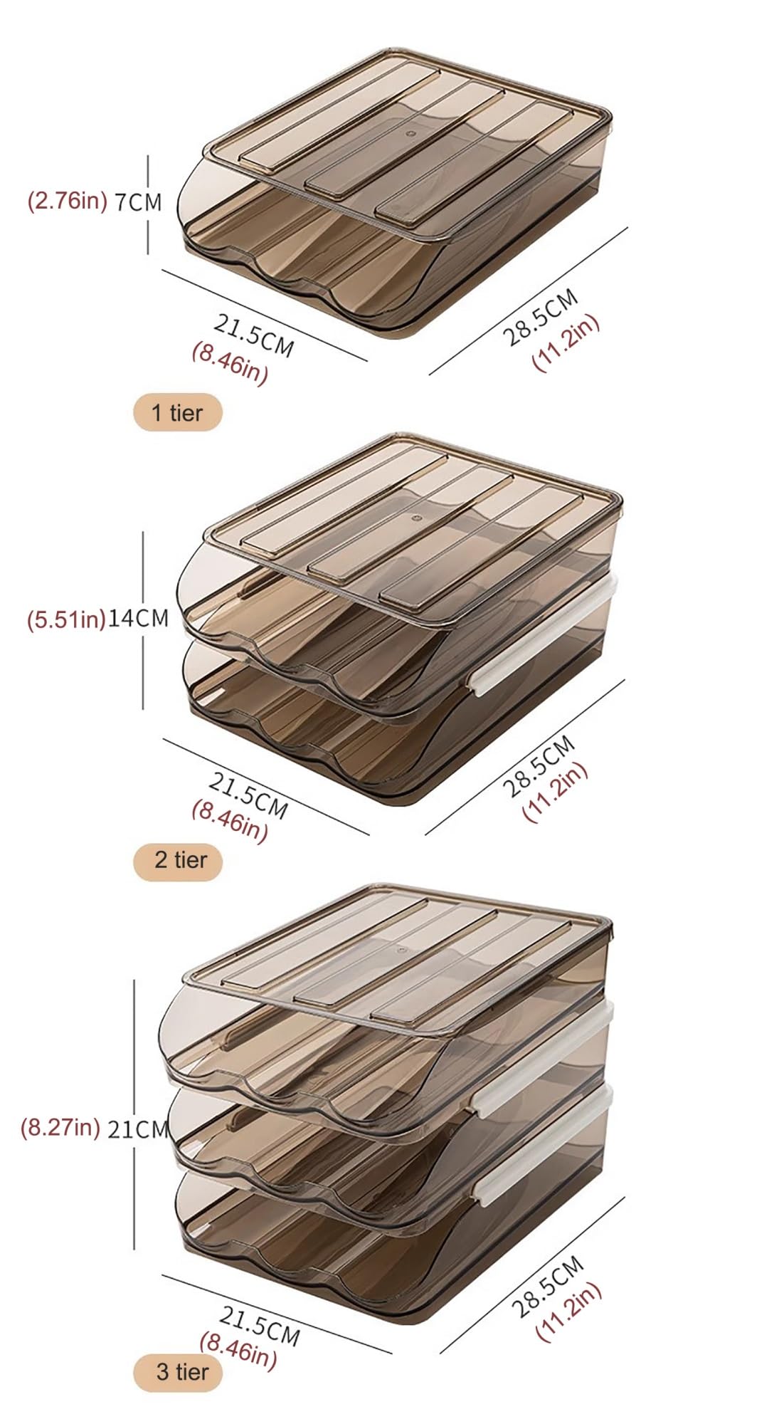 Soporte para huevos para nevera, dispensador de huevos rodante, soporte para huevos de nevera de 18/36/54 huevos organizador con tapa (transparente, 28,5 x 21,5 x 14 cm)