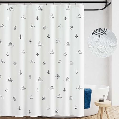 Miniatura 1 de jinchan Cortina de ducha de tela simple náutica en blanco y negro para baño, diseño de velero, impermeable en el baño, 70 x 72 pulgadas, juego de