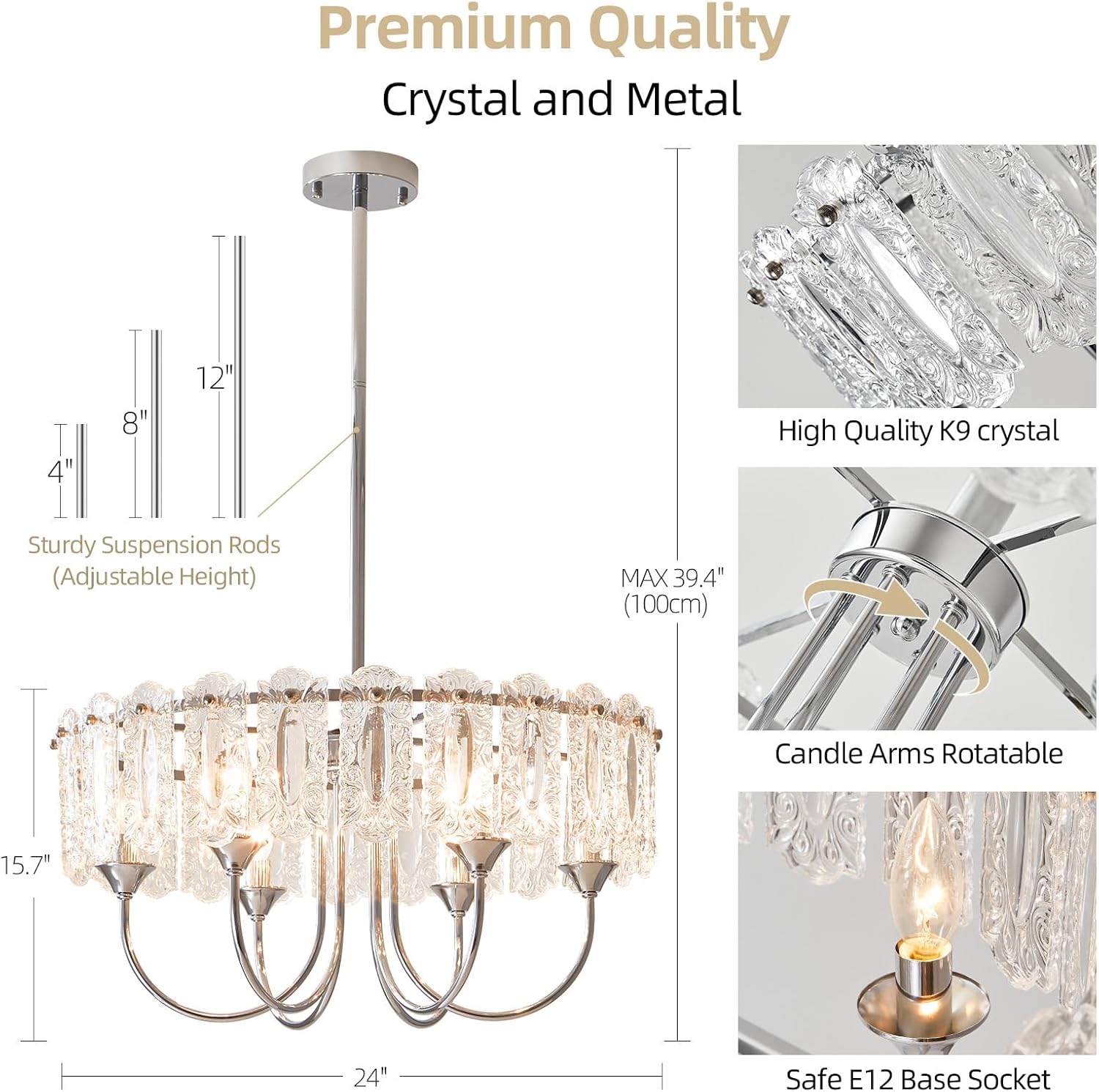 Silver Chandelier, Modern Crystal Chandeliers, Drum K9 Crystals 6 Light Candle Arm - 24" Glass Chandelier for Dining Room Bedroom Living Room Vintage Round Pendant Ceiling Lighting Fixture with Bulbs