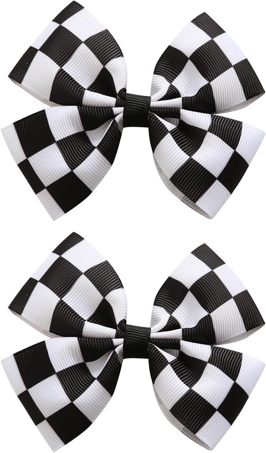 2PC Racing Checkered Flag Hair Bow Clips 4 Inch Girls Women Black and White Racing Fan Pigtail Hair Accessories