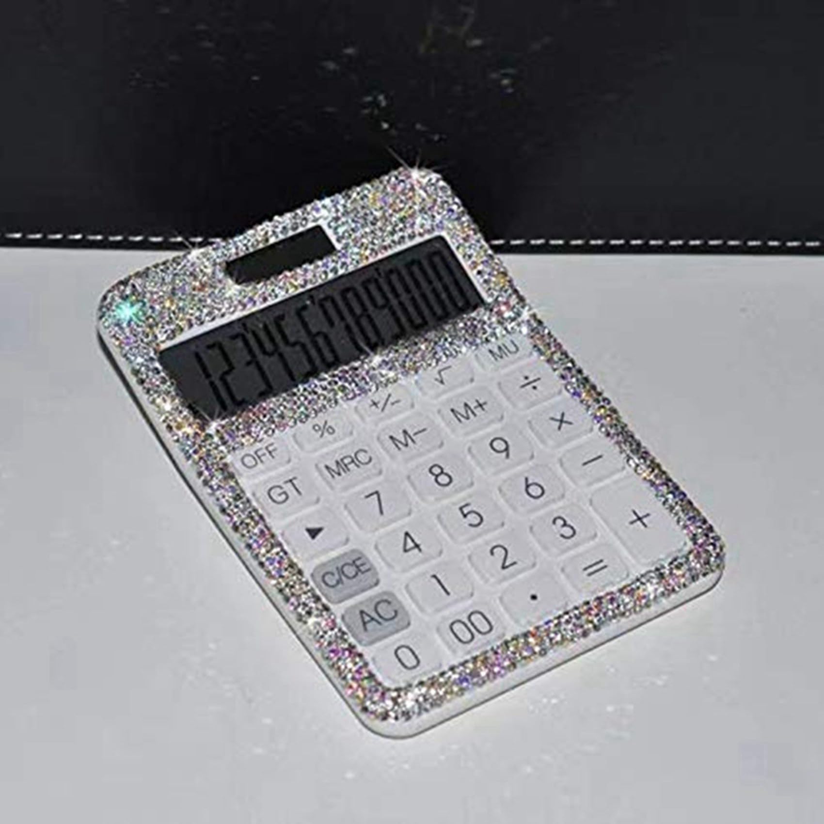 3X di Strass Abbagliante 12 Cifre Solare e Doppia Alimentazione A Batteria, Calcolatrice Display LCD per Ufficio, Bianca Scuola