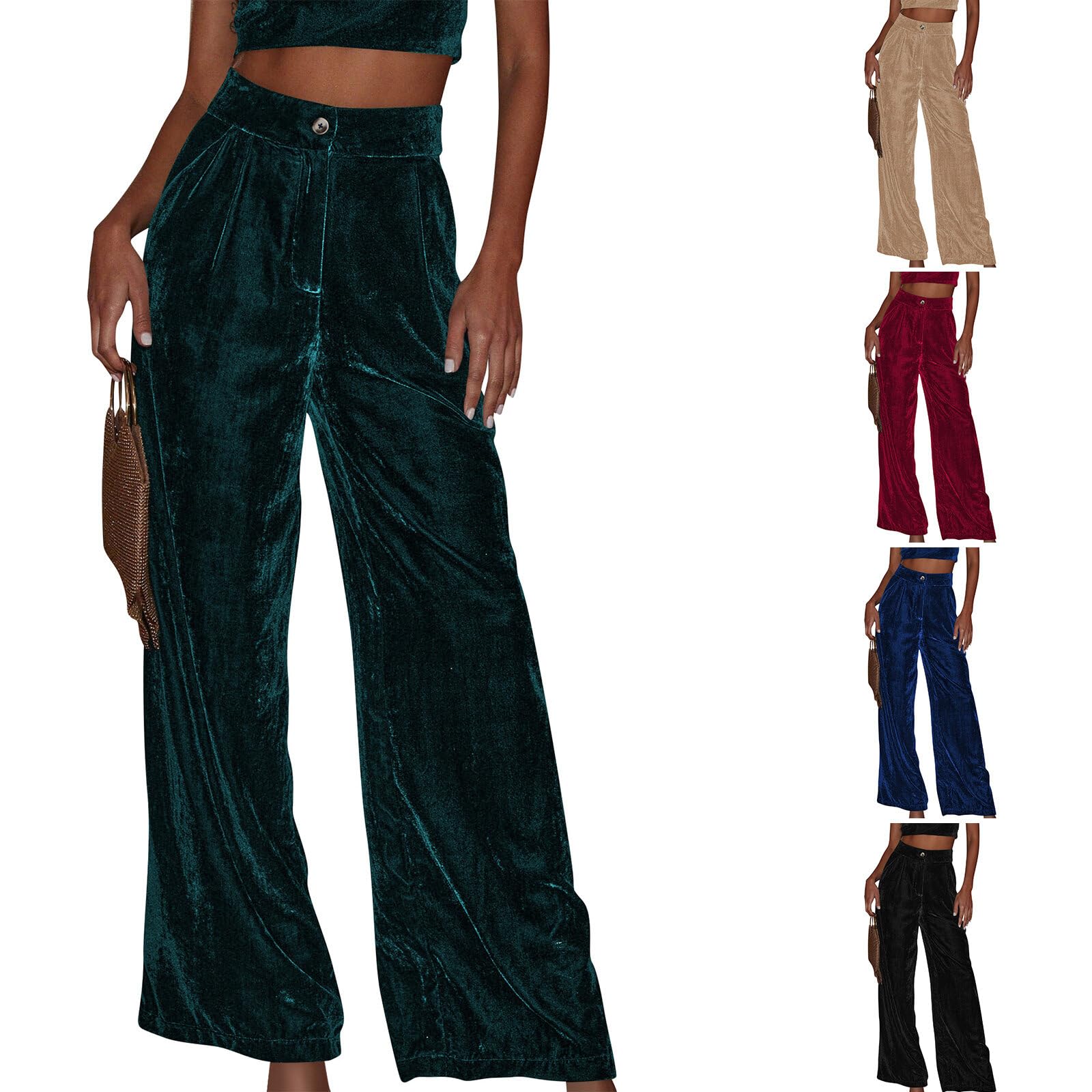 Ytfsrukp Velvet Pants for Women Fall Winter High Waisted Wide Straight Leg Stretch Trousers Slacks Casual Baggy Pants