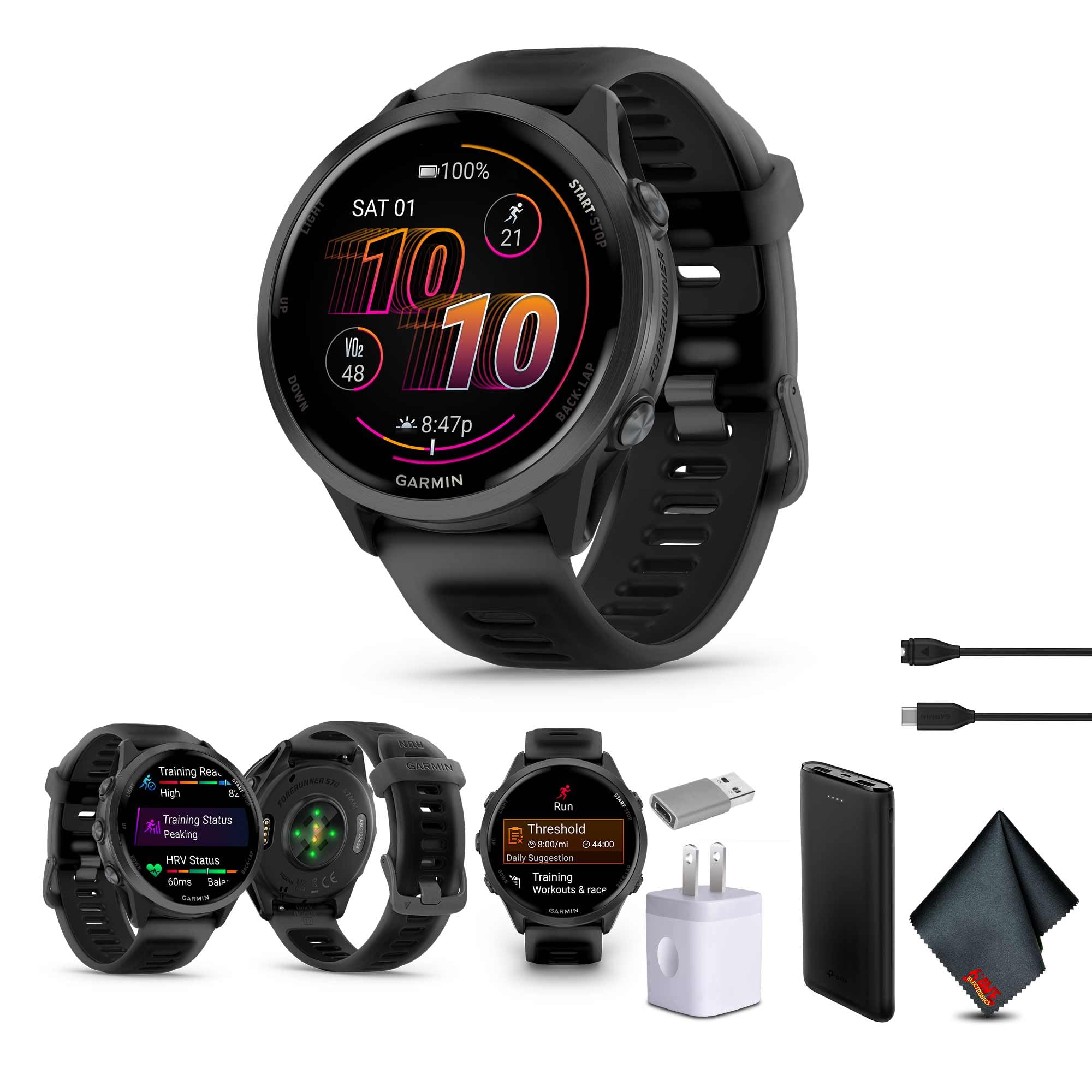 Garmin Forerunner 570 Running Smartwatch, 47MM WiFi, GPS Fitness Smart Watch for Men and Women, Slate Gray Aluminum with Translucent Black/Black Band? Bundle with P-Bank + More