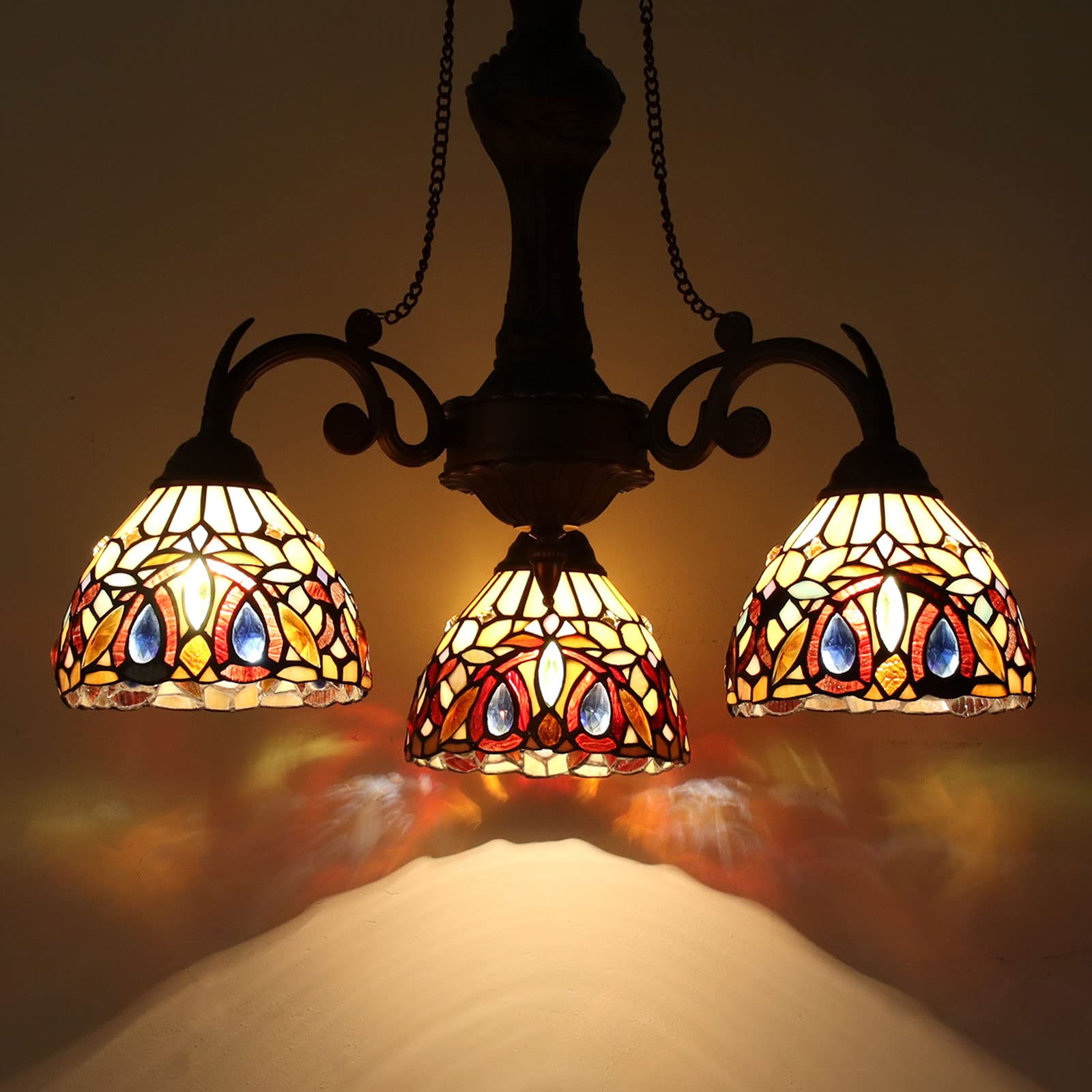 Capulina Tiffany Pendant Light Chandeliers 3-Light Cream Brown Antique Style Stained Glass Hanging Lamp for Living Dining Room Kitchen Foyer Home Farmhouse