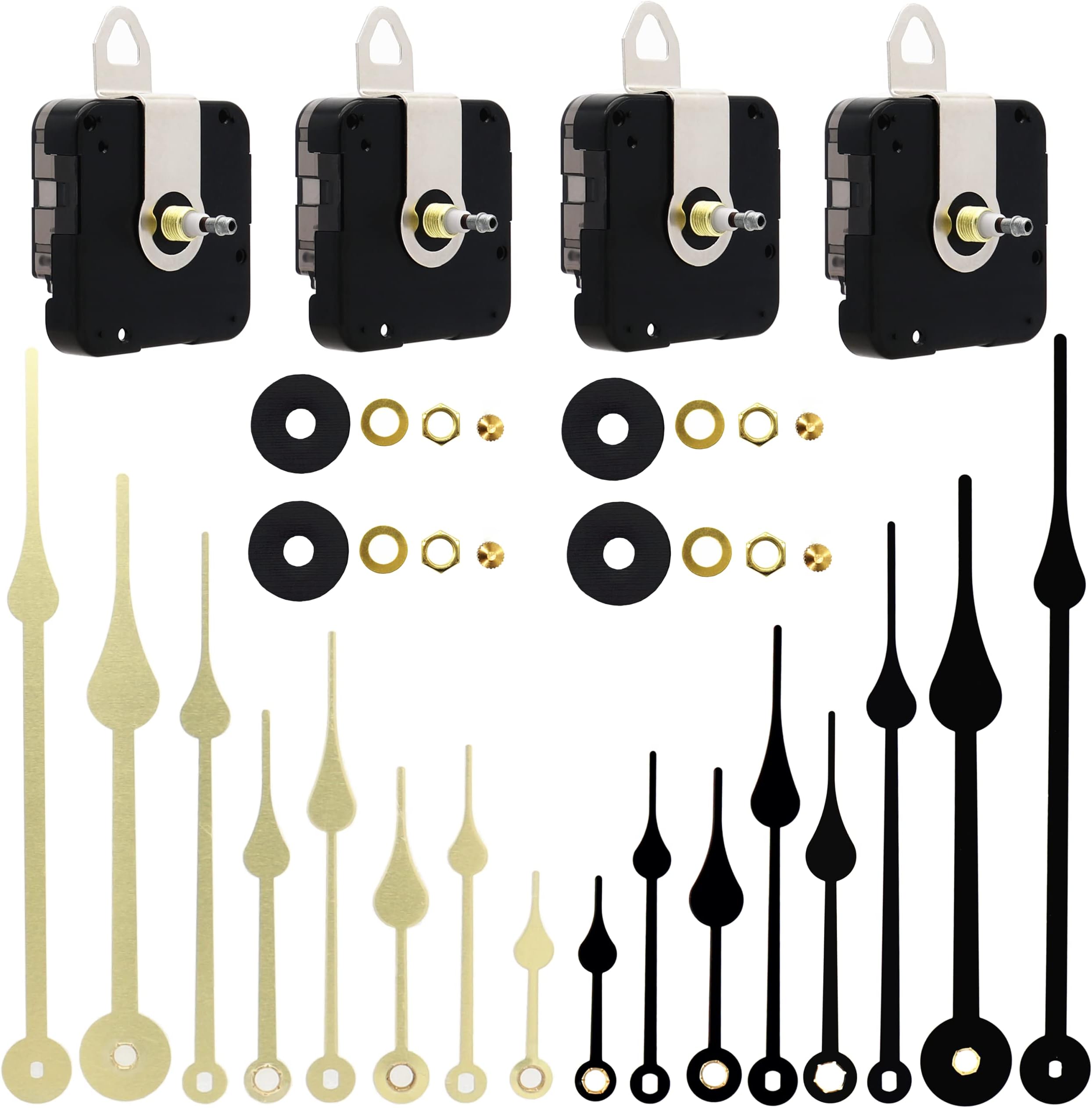 TIKROUND Youngtown 4 Pieces Thread Length 13/64 inch Quartz DIY Wall Clock Movement Mechanism High Torque Long Shaft Clock Movement Replacement with 8 Different Pairs of Hands.