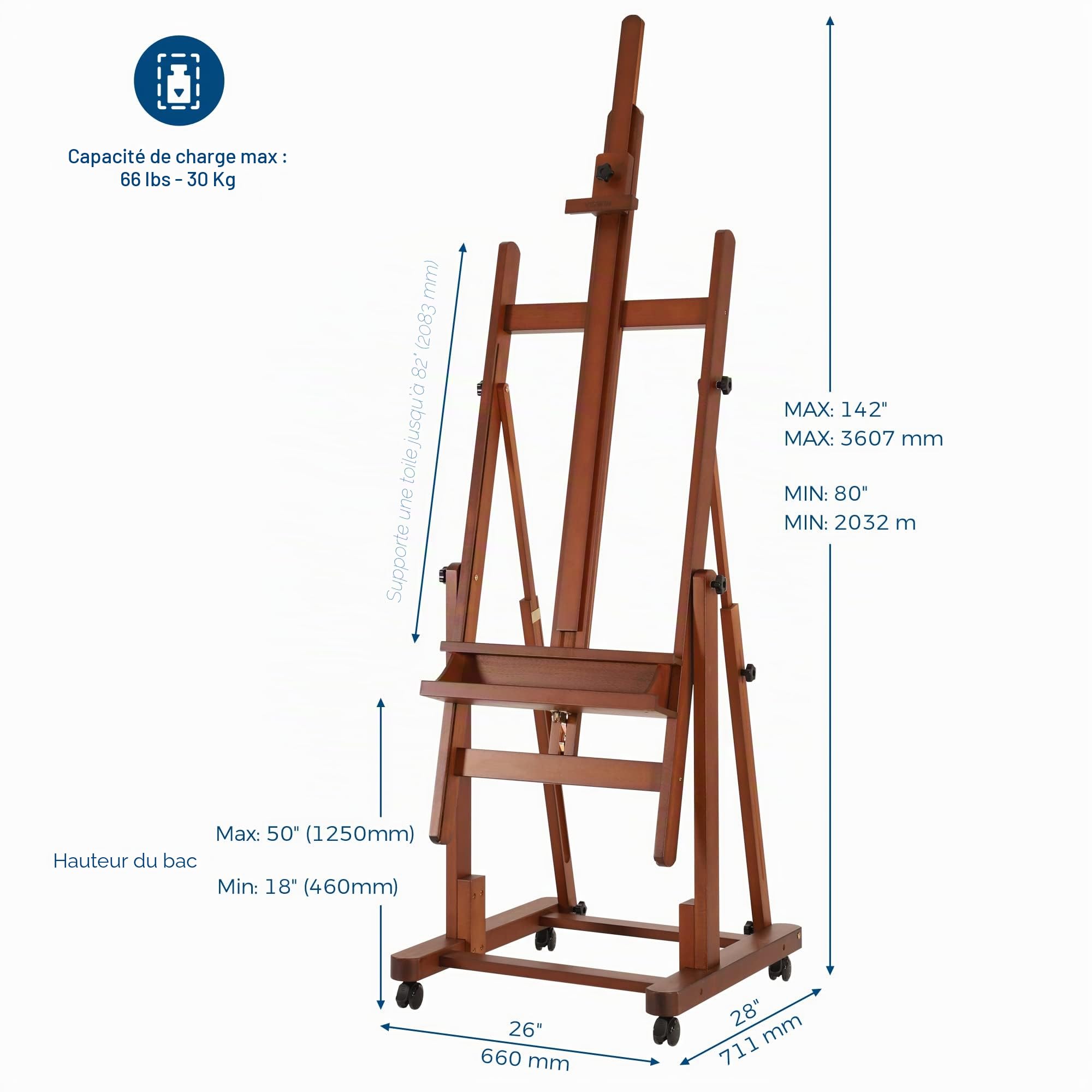 VISWIN Chevalet à cadre en H extra large, chevalet de studio convertible en bois de hêtre massif avec rangement, support de chevalet de peinture d'artiste réglable avec roues pour adulte
