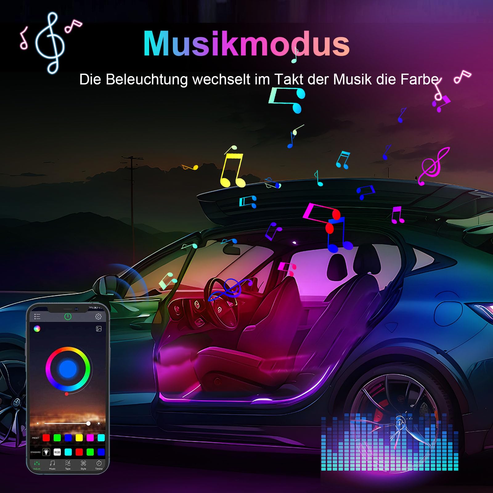 GPJYD Acryl Ambientebeleuchtung Auto LED Innenbeleuchtung, 2 IN 1 110cm+35cm 168LEDs RGB LED Auto mit 16 Millionen Farben & 210 Dynamische, APP-Steuerung, USB Ambiente Beleuchtung für Aut o