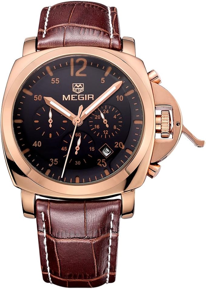 MEGIR Orologio sportivo da uomo, grande, colore: oro e rosa, analogico, al  quarzo, in pelle classica marrone, con cronografo, impermeabile :  Amazon.it: Orologi