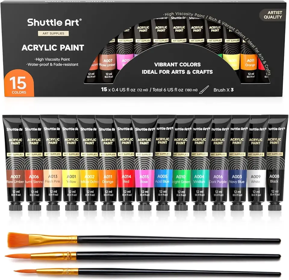 Shuttle Art Conjunto de tinta acrílica, tubos de 15 x 12 ml, pigmentos ricos não tóxicos, cores perfeitas para crianças, adultos, iniciantes, artistas pintando em tela, tecido de argila de madeira,