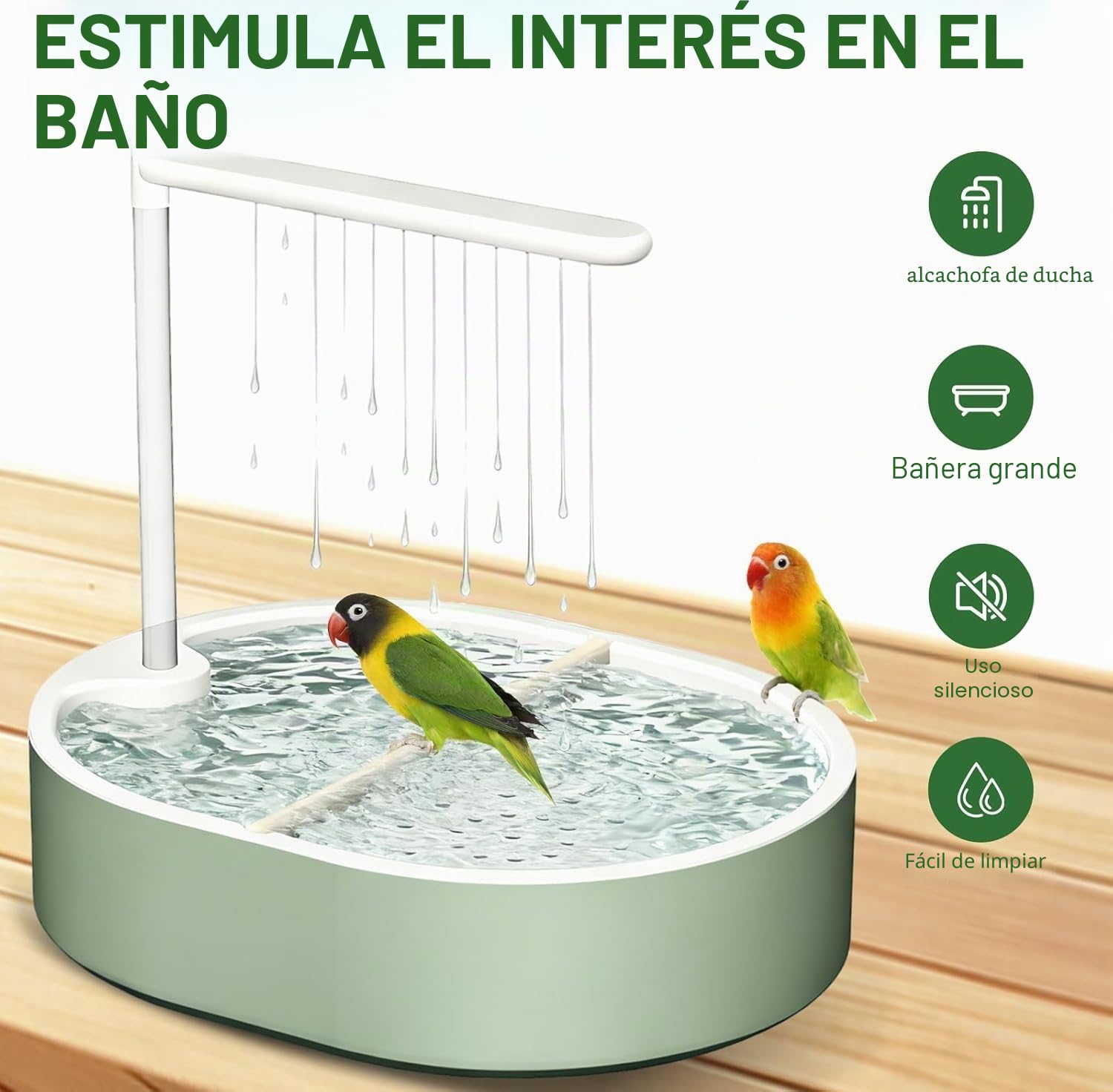 Ducha para Pájaros, Bañera Automática con Bomba USB y Agua en Circulación, Baño para Jaula con Múltiples Salidas, para Periquitos, Ninfas, Agapornis y Pequeños Loros, Verde