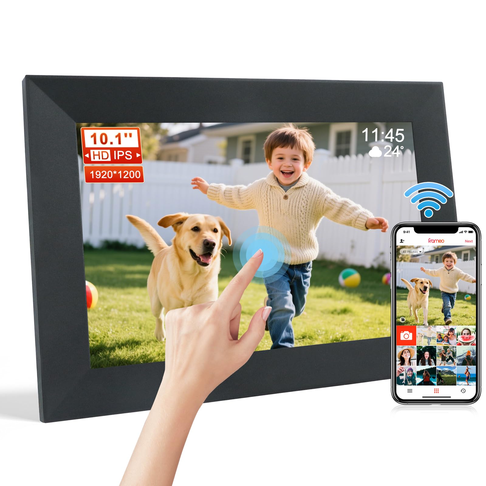 Frameo - Cadre photo numérique WiFi - 10,1" - Écran tactile IPS HD 1920 x 1200 cm - Avec 16 Go de mémoire - Partagez instantanément des photos de n'importe où via Frameo - Noir