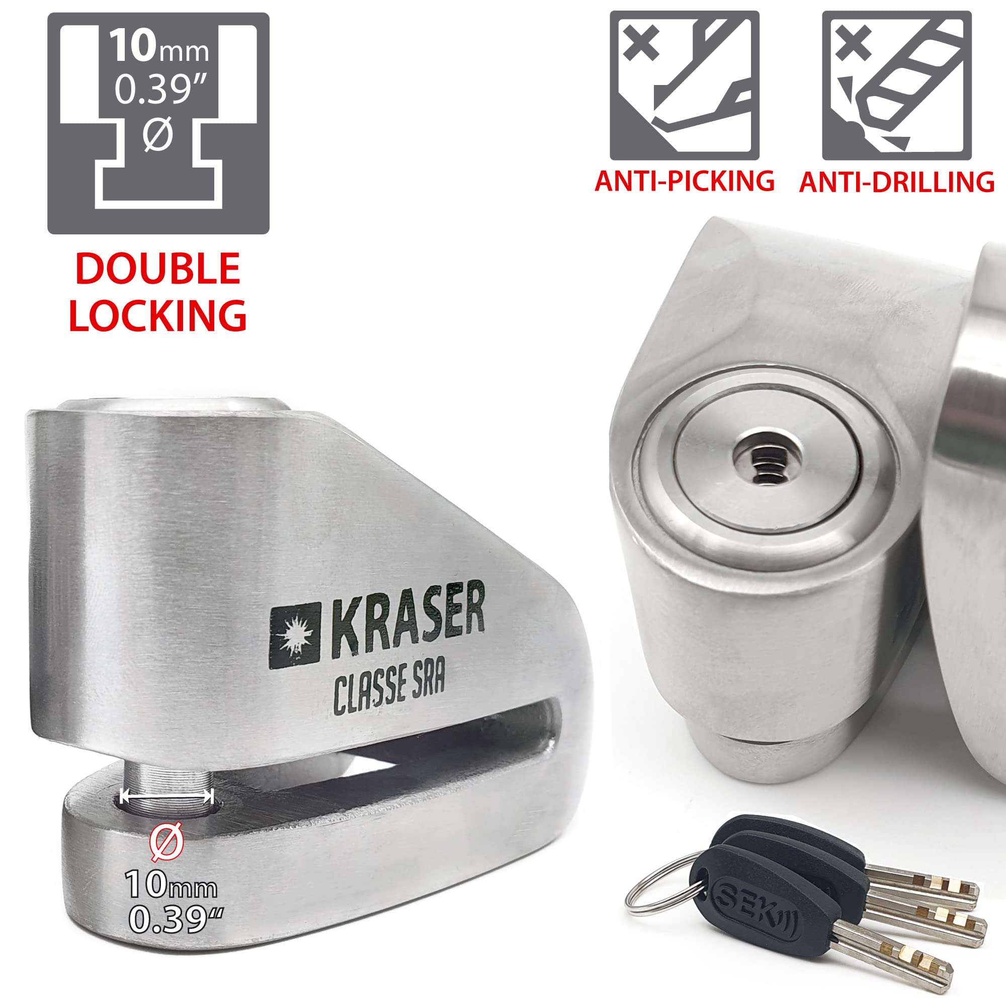 KRASER KR110S SRA Zatwierdzone Disc Kłódka Antykradzieżową Tarcza hamulcowa motocykla 10 mm Podwójne zamknięcie, 3 klawisze + kabel przypomnienia