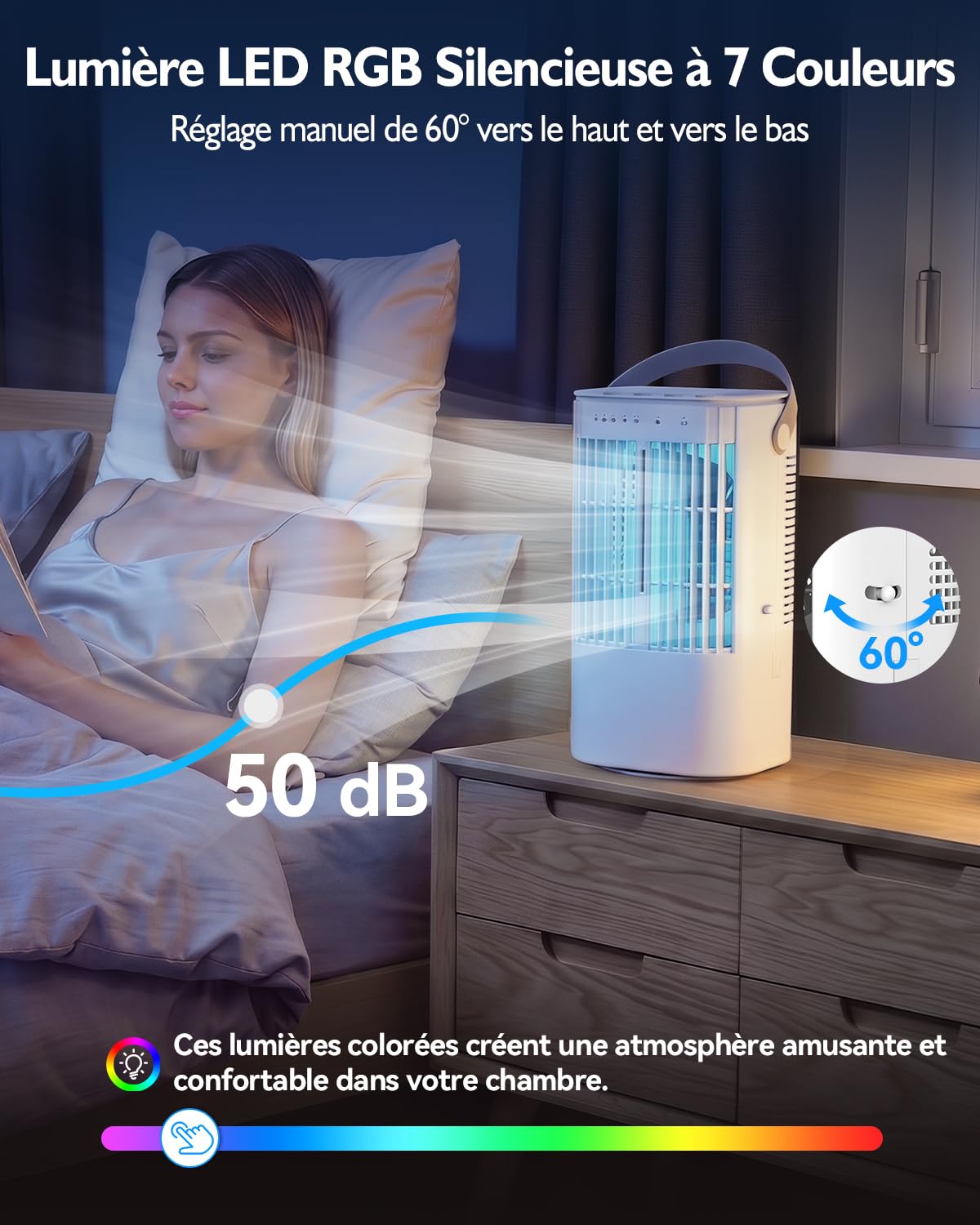 Climatiseur Portable, 4-En-1 Refroidisseur par éVaporation avec 3 Vitesses & 2 Modes Brumisation, 900 Ml Mini Climatiseur, Ventilateur USB avec LumièRe Rgb & 2/4h Minuterie pour Chambre Bureau Camping