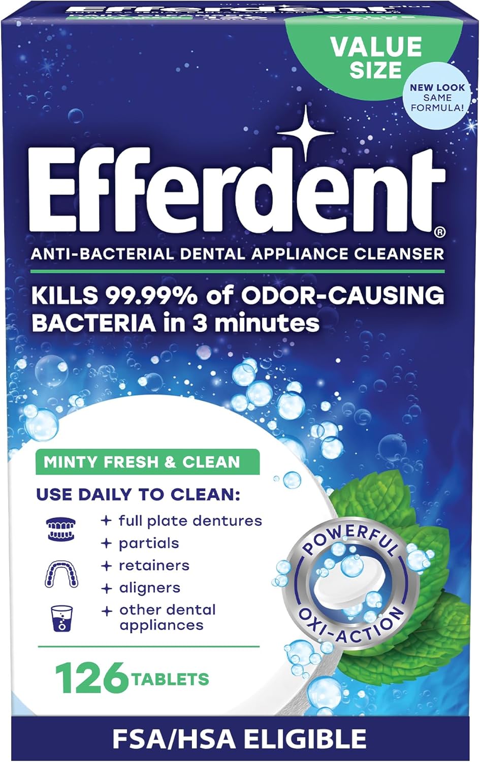 Efferdent Retainer Cleaning Tablets, Denture Cleaning Tablets for Dental Appliances, Minty Fresh & Clean, 126 Count 126 Count (Pack of 1) Denture Cleanser Tablets Tablets - Image 1 of 6