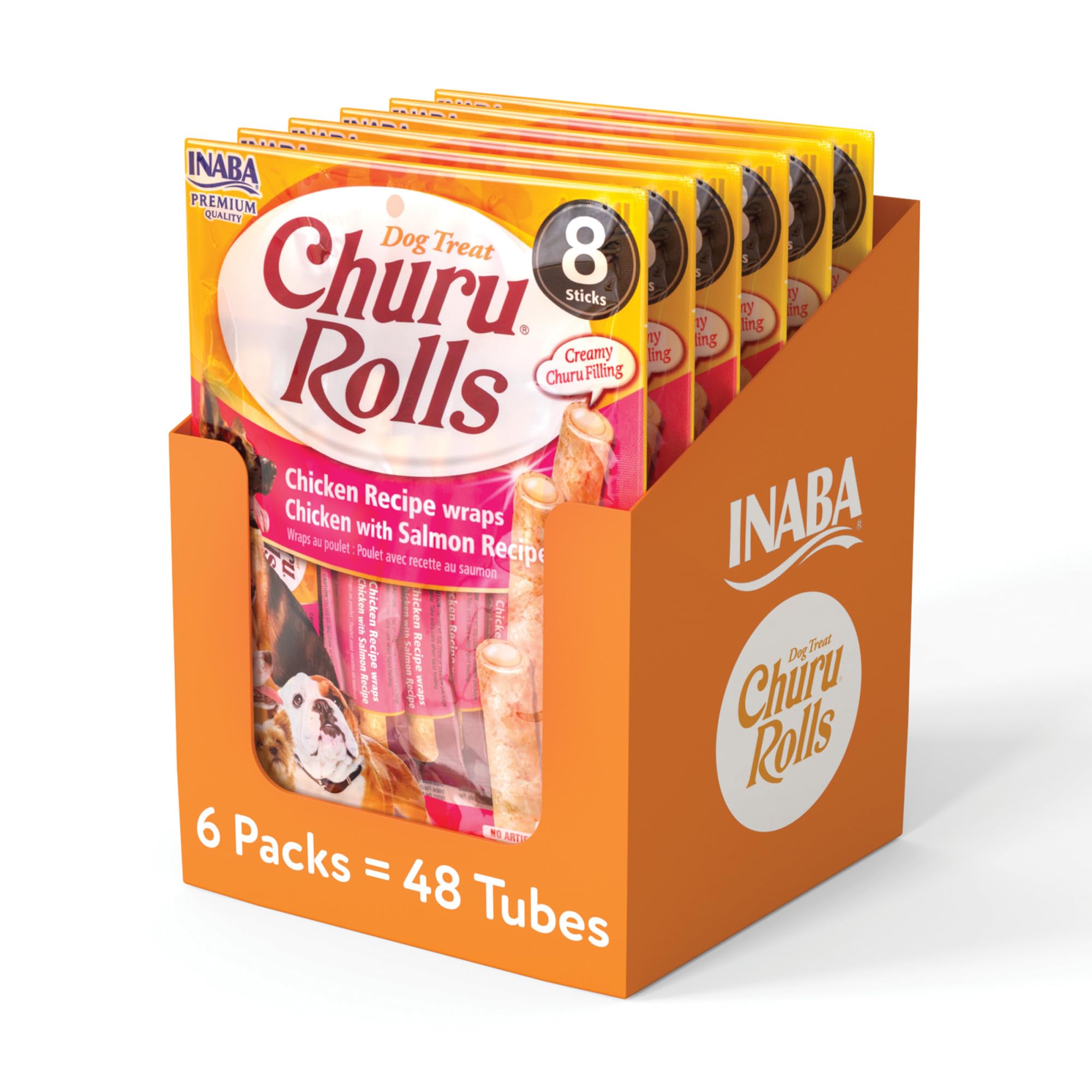 INABA Churu Rolls for Dogs, Chicken with Salmon Recipe (Pack of 6, 8 Sticks per Pack)