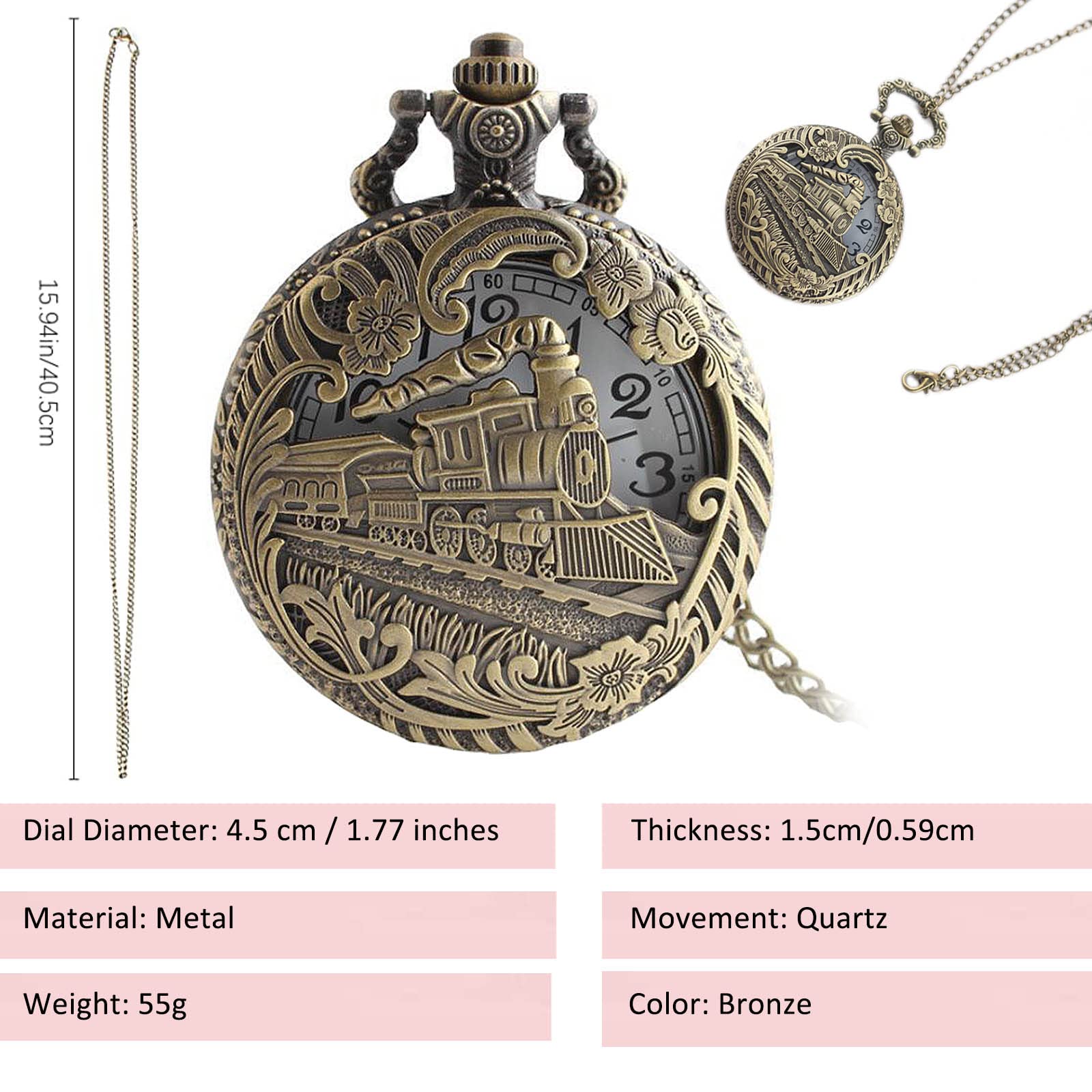 tasca, Orologio da tasca classico al quarzo scolpito con catena corta for uomo e donna, modello treno a vapore 3D