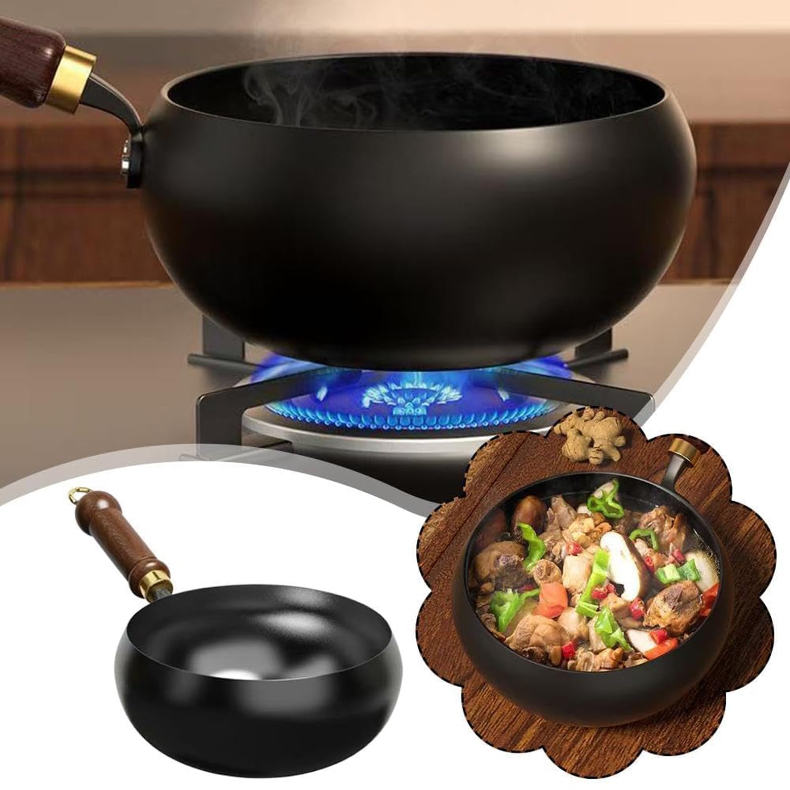 REGAPOG Poêle en Fonte Wok Chinois Grand Ventre - Poêles en Fonte et Poêle en Fer, Diamètre 28cm, Fabriquée Artisanale sans Revêtement, Poignée en Bois Naturel pour Cuisson Authentique