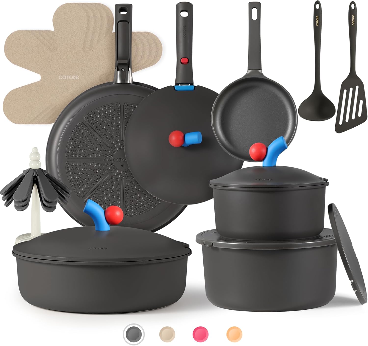 CAROTE 24pcs Pots and Pans Set Non Stick, Nonstick Cookware Set, Oven/Dishwasher/Fridge Safe Pots and Pans, RV Safe Cookware, Induction Kitchen Gift Set Detachable Handle, Gray (Gray) Thumbnail