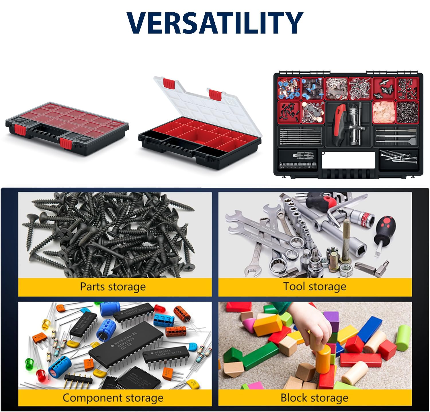 Caja organizadora con compartimentos rojos extraíbles, ideal para piezas pequeñas, herramientas y organización de plástico (juego de 6 unidades) 35 cm