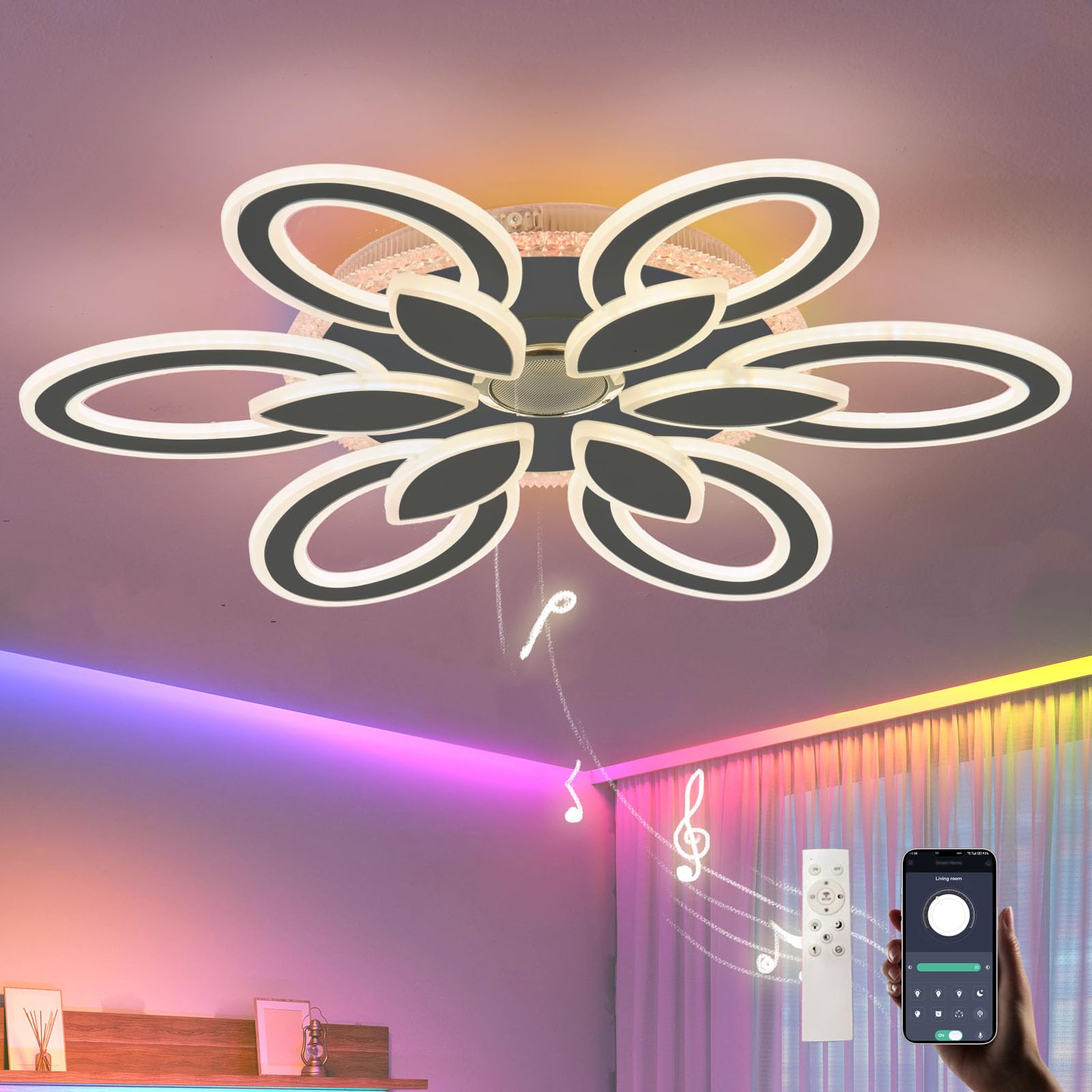Intelligente Plafoniera Dimmerabile Bluetooth Lampadario,Funzione Di Memoria con Elevata Resa Cromatica Moderno e Senza Sfarfallio Luce Notturna Ceiling Light,per Soggiorno e Camera Da Letto,Nero