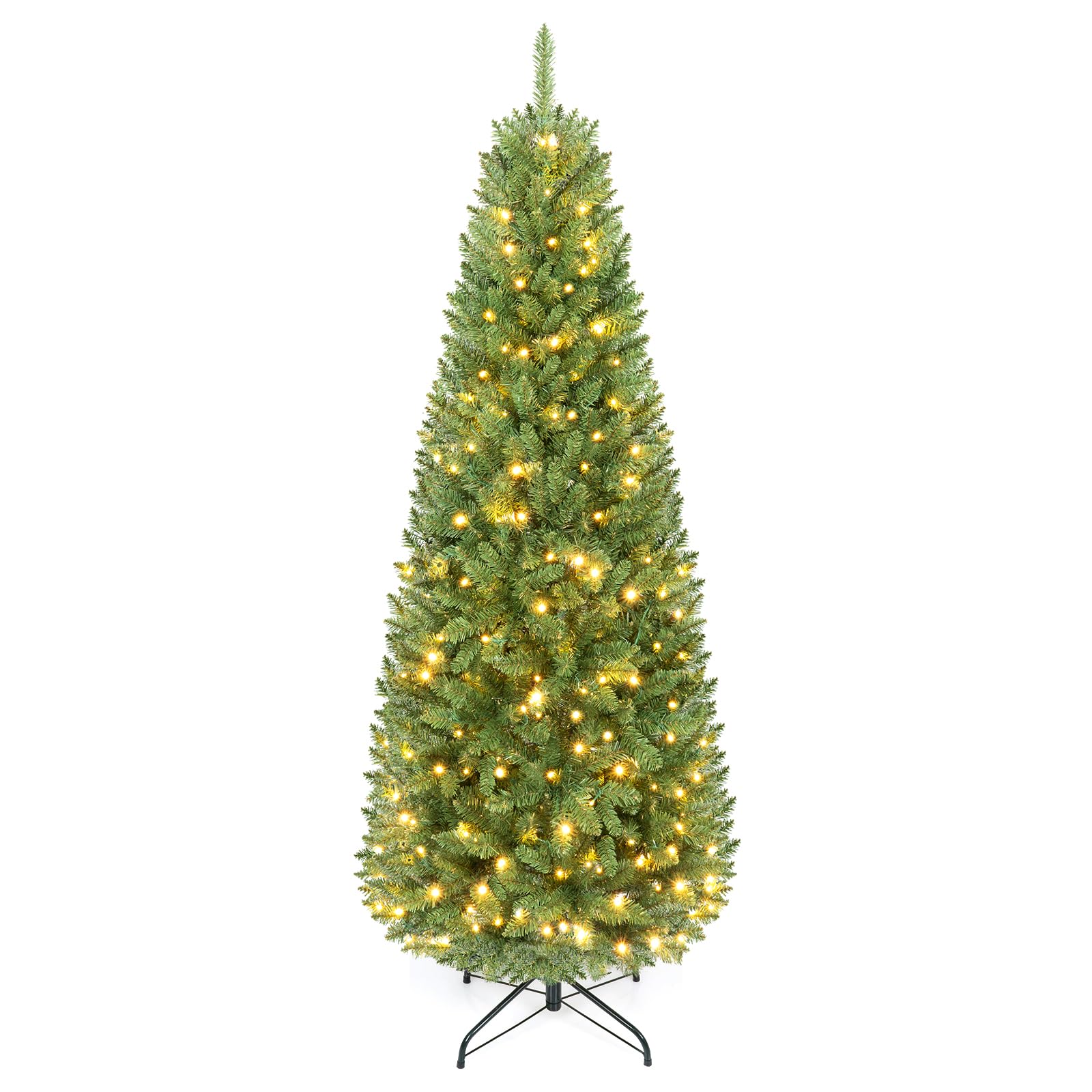 COSTWAY 4.5FT/5FT/6FT/6.5FT/7.5FT Pre-lit Slim Christmas Tree, Hinged Pencil Xmas Tree with Warm LED Lights, Foldable Metal Stand & Superior PVC Leaves, Holiday Decoration for Home and Shops (183 cm)