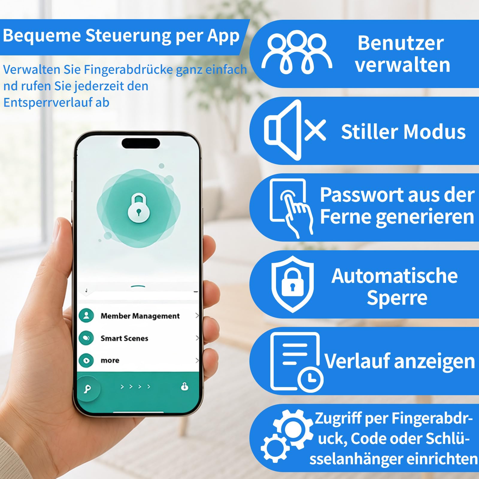 5-in-1 Türöffner Fingerabdruck, Türschloss mit Zahlencode, Smart Türschloss mit Fingerabdruck, APP, Code, Schlüssel & biometrischer Entsperrung für Schlafzimmer, Zuhause, Hotel (schwarz)