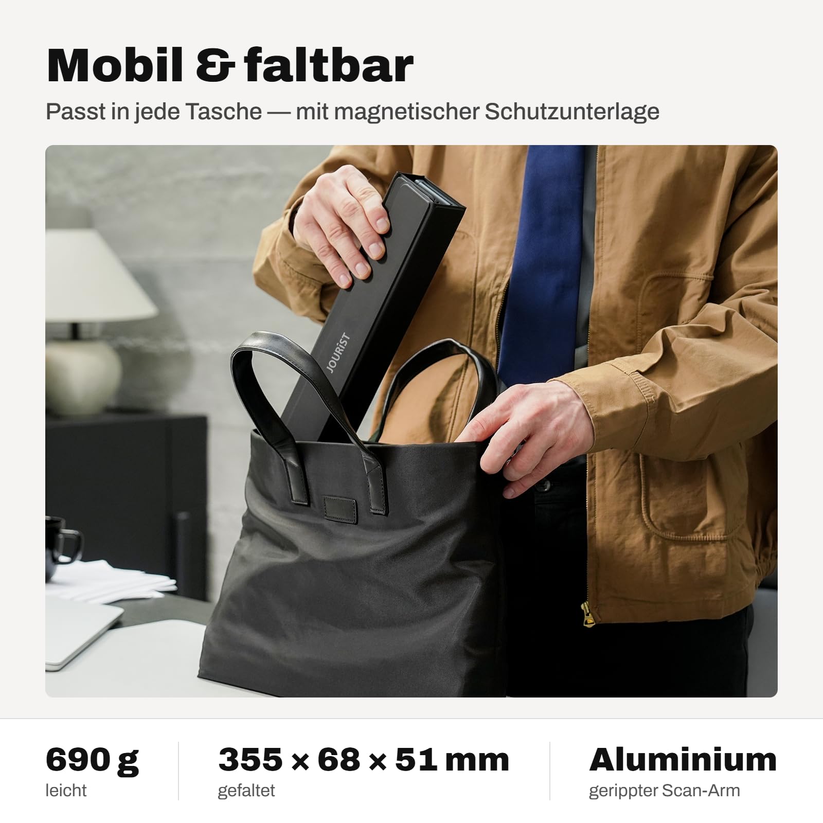 JOURIST ScanFellow DS130 Dokumentenscanner mobil & faltbar – Aufsicht-Scanner für Dokumente bis A4 | 13 MP, OCR, durchsuchbare PDF | 100% offline (DSGVO) | Windows, Mac, Chromebook, Linux