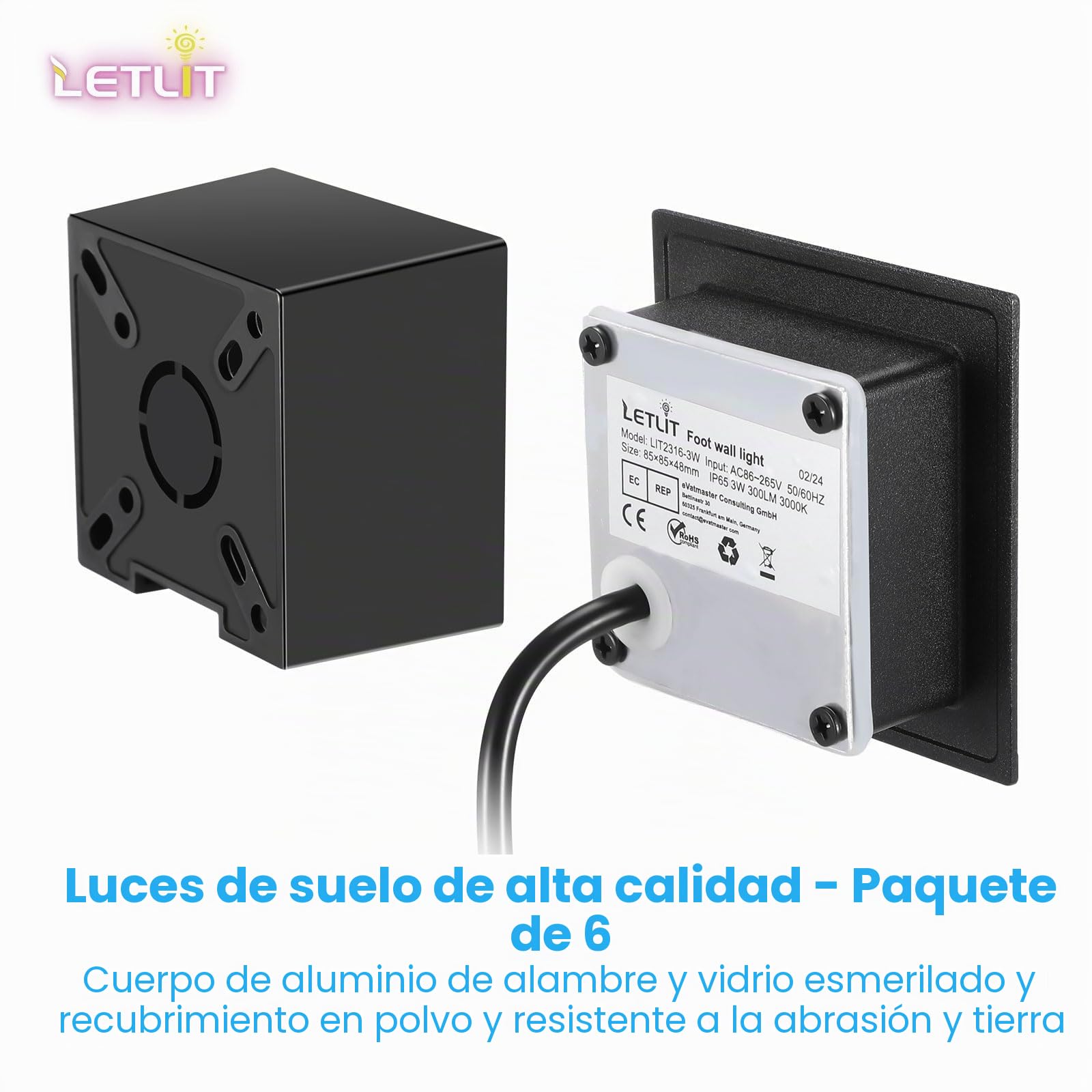 6PACK Iluminación Escalera 3W 300lm, LED Luz de Escalera 230V, 3000K Lampara, Focos Exterior Pared 85x85mm, IP65 Luz de Pared Empotrada para Interior, Exterior, Enchufes Empotrados 68mm Negro