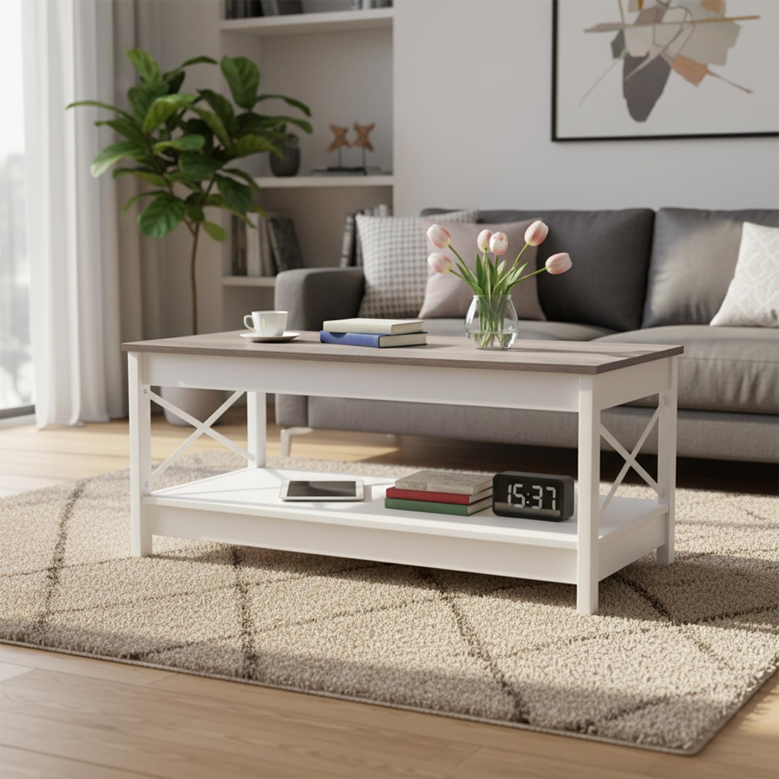 buybyroom Mesa de salón, mesa de salón, mesa de café de 2 pisos, estilo rústico, con espacio de almacenamiento, para dormitorio, salón, entrada, mesa de café, color blanco