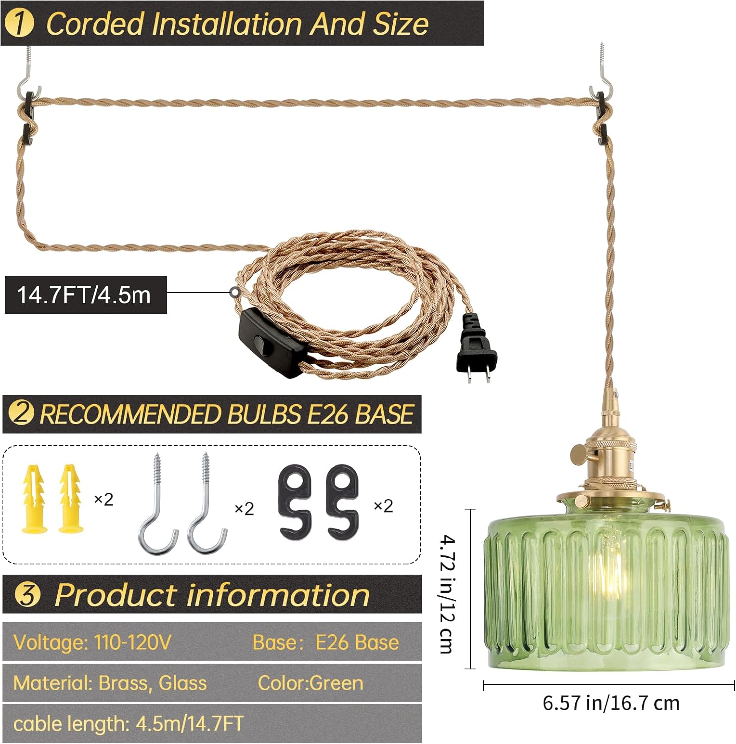 Shenmoyl Plug in Pendant Light Hanging Light Fixtures with Plugin Cord On/Off Switch,Green Striped Glass Lampshade Brass Pendant Light