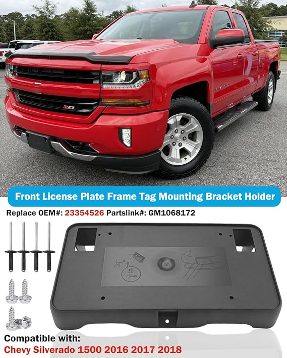 Front License Plate Frame for Chevy Silverado 1500 2016 2017 2018 Front Bumper License Plate Holder Mounting Bracket Replace # 23354526 GM1068172