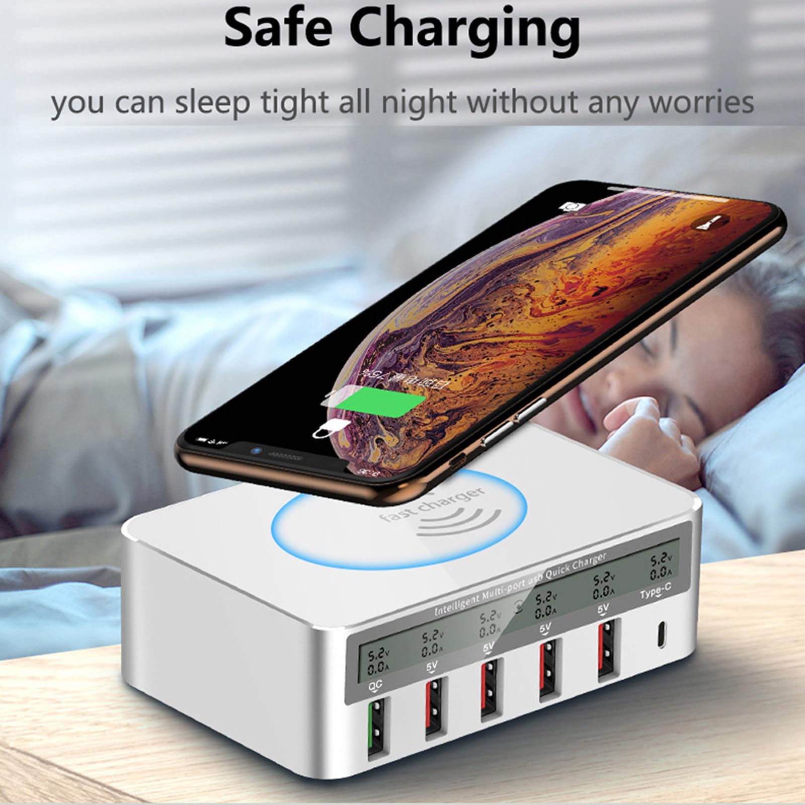 Ładowarka do telefonu USB 40 W, 6 portów, szybka ładowarka, szybkie ładowanie QC3.0 PD, wyświetlacz LCD, stacja ładująca do telefonu i tabletu, czarna