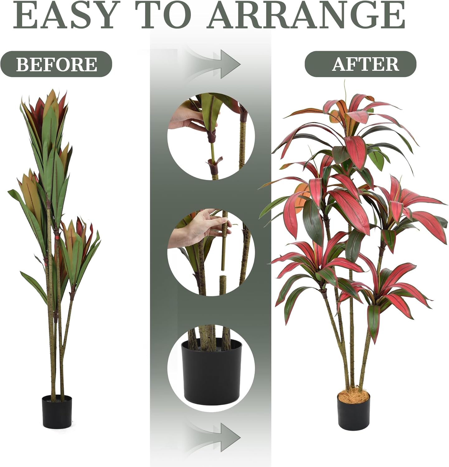 Artificial Dracaena Tree 5FT - Large Faux Plant Indoor Tree with 78 Red Leaves & 5 Heads, 60" Tall Fake Tropical Plant Potted Artificial Floor Plant Trees for Home Living Room Porch Office Decor - Image 8