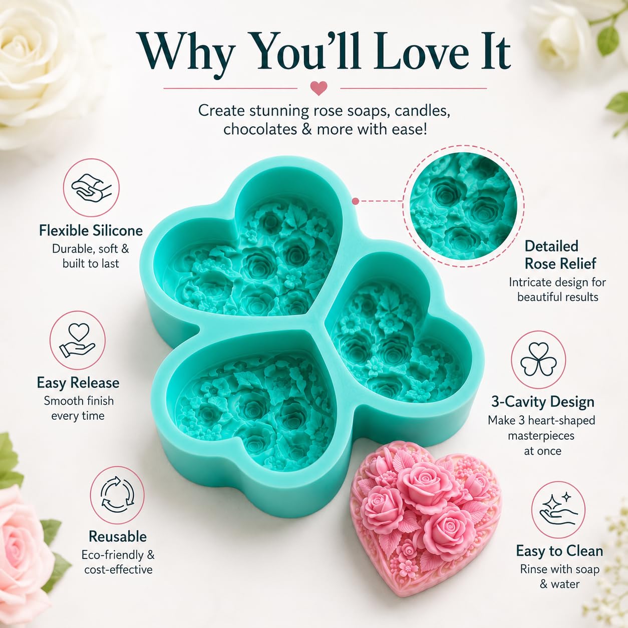 Molde de silicona de corazón de 3 cavidades con diseño de rosas en relieve, molde grande para jabón hecho a mano, fabricación de velas, arte de resina, chocolate, cera derretida, yeso aromático y
