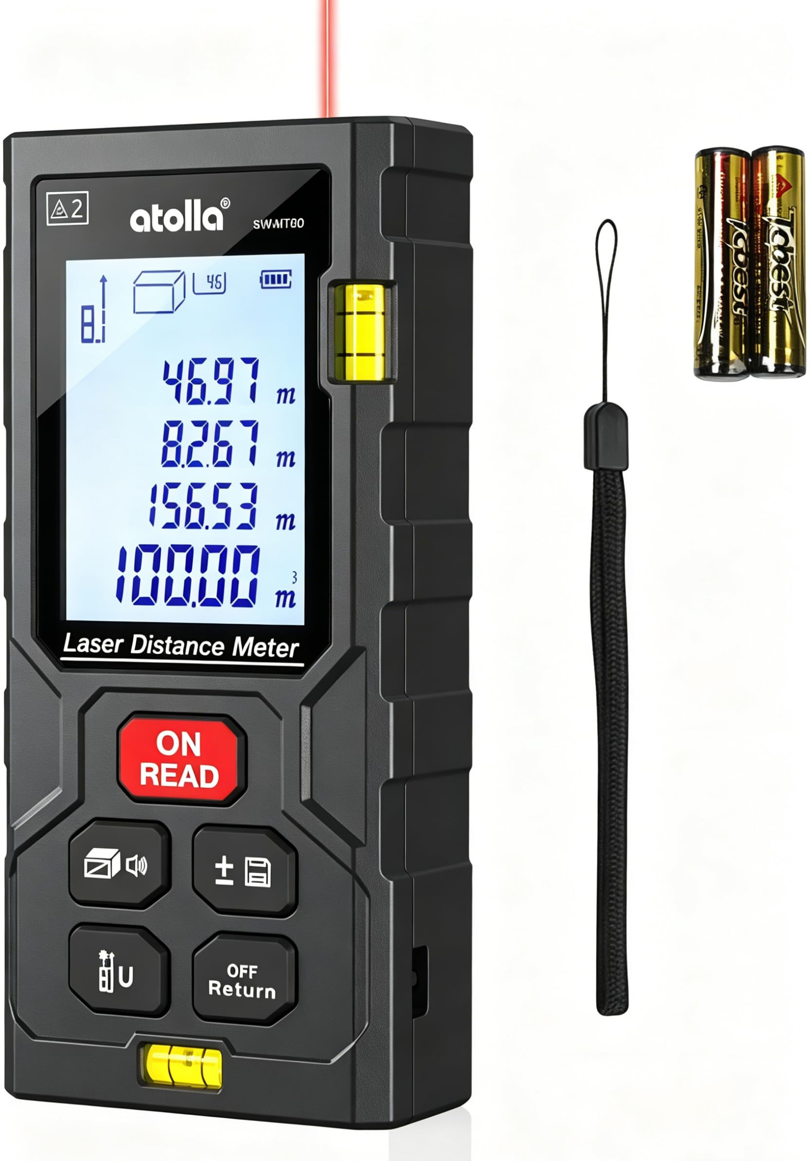 atolla Laser Measure 328Ft, Digital Laser Distance Meter with 2 Bubble Levels,Portable M/in/Ft Unit Switching Backlit LCD, Measuring Distance/Area/Volume/Pythagorean and Waterproof IP54 (Red Laser)