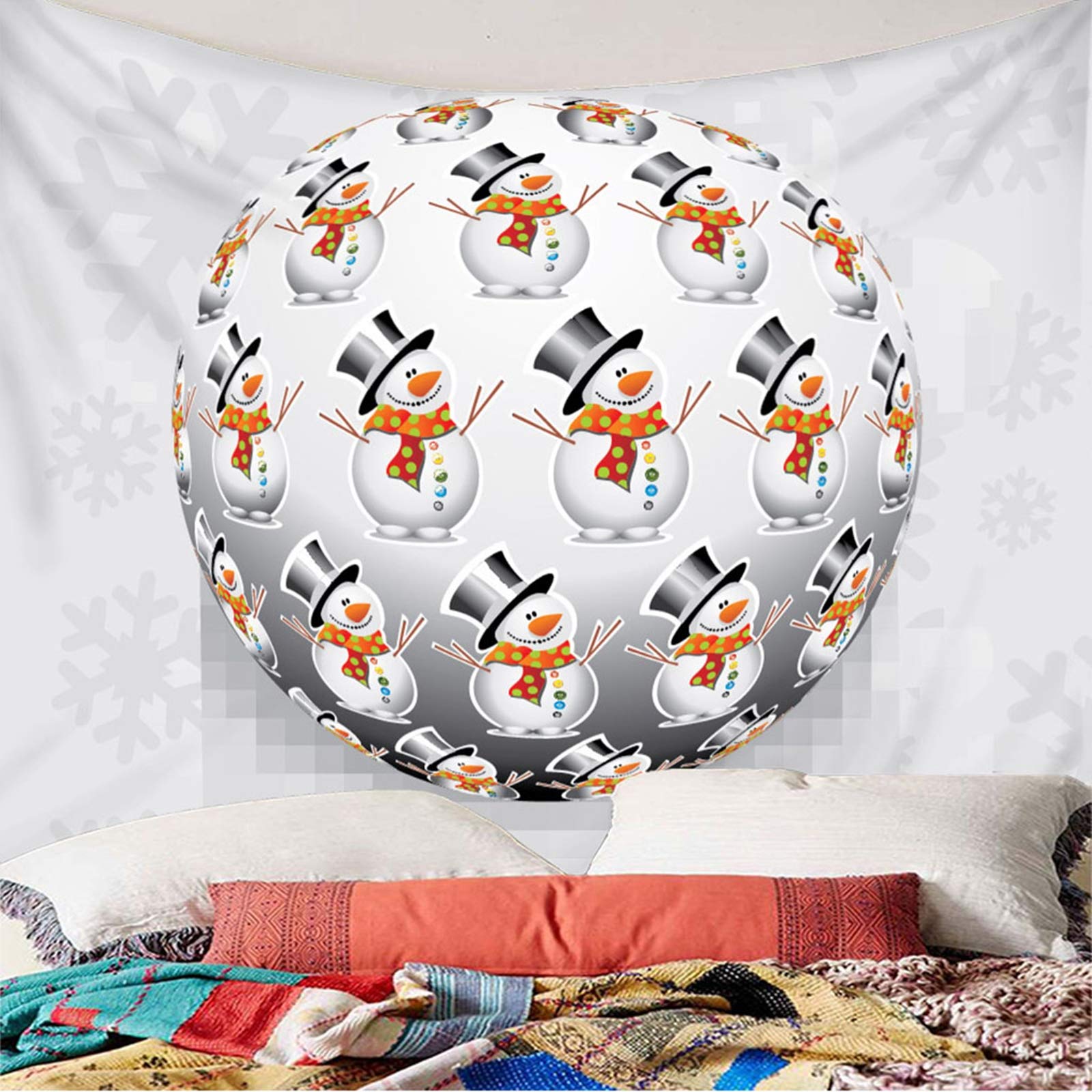 Tapiz Tela 3D, Decoracion Navidad Muñeco de Nieve Bola Redonda y Copo de Nieve Gris Poliéster Tapiz Pared Decoration 260X240cm