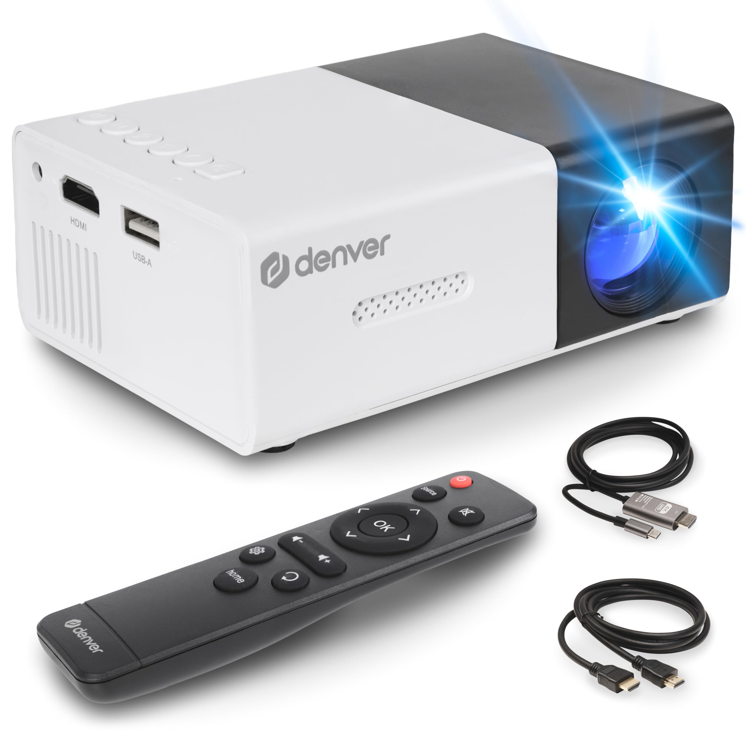 Denver PR-1000 Mini Proiettore LED Portatile Supporta Full HD 1080p con HDMI, USB-C e MicroSD, Proiettore Home Cinema Compatto 20-60 Pollici Dimensioni Schermo