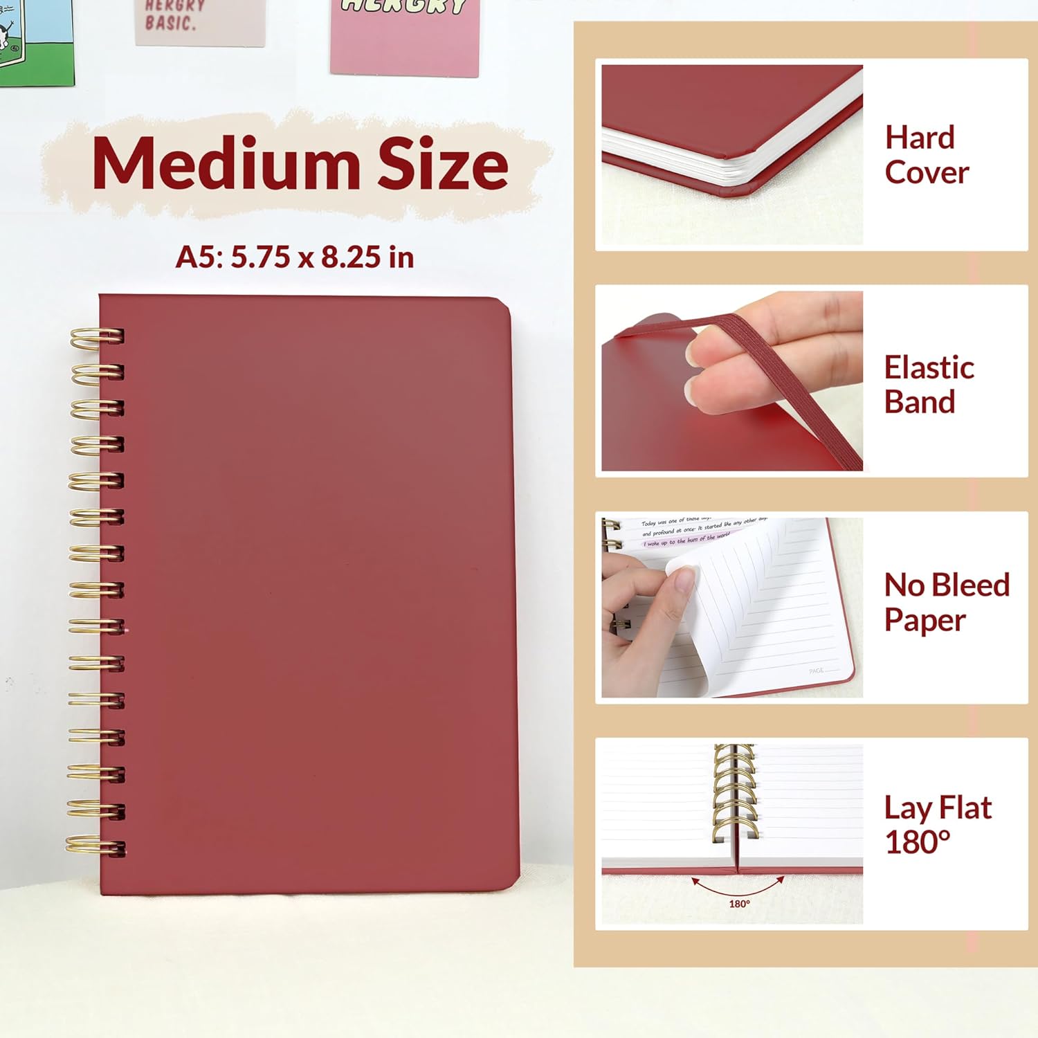 SUNEE Journaling Notebooks, A5 Lined Spiral Notebook for Women, 146 Pages College Ruled Hardcover Notebook for Work, Note Taking, Journaling and Office School Supplies, A5 -Burgundy - Image 4