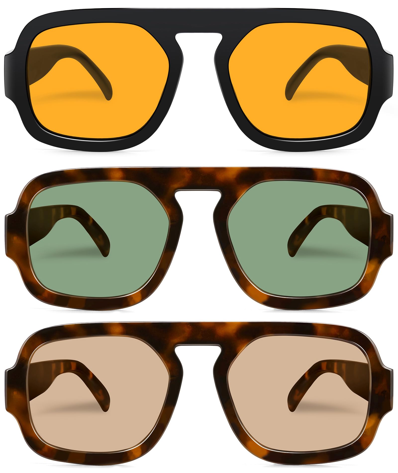 Retro Square Aviator Sunglasses for Women Men 70s Vintage style Shades Trendy Flat Top UV Protection Sun Glasses 3pack (Black/Orange+tortoise/Champagne+tortoise/G15) color/lenscolor