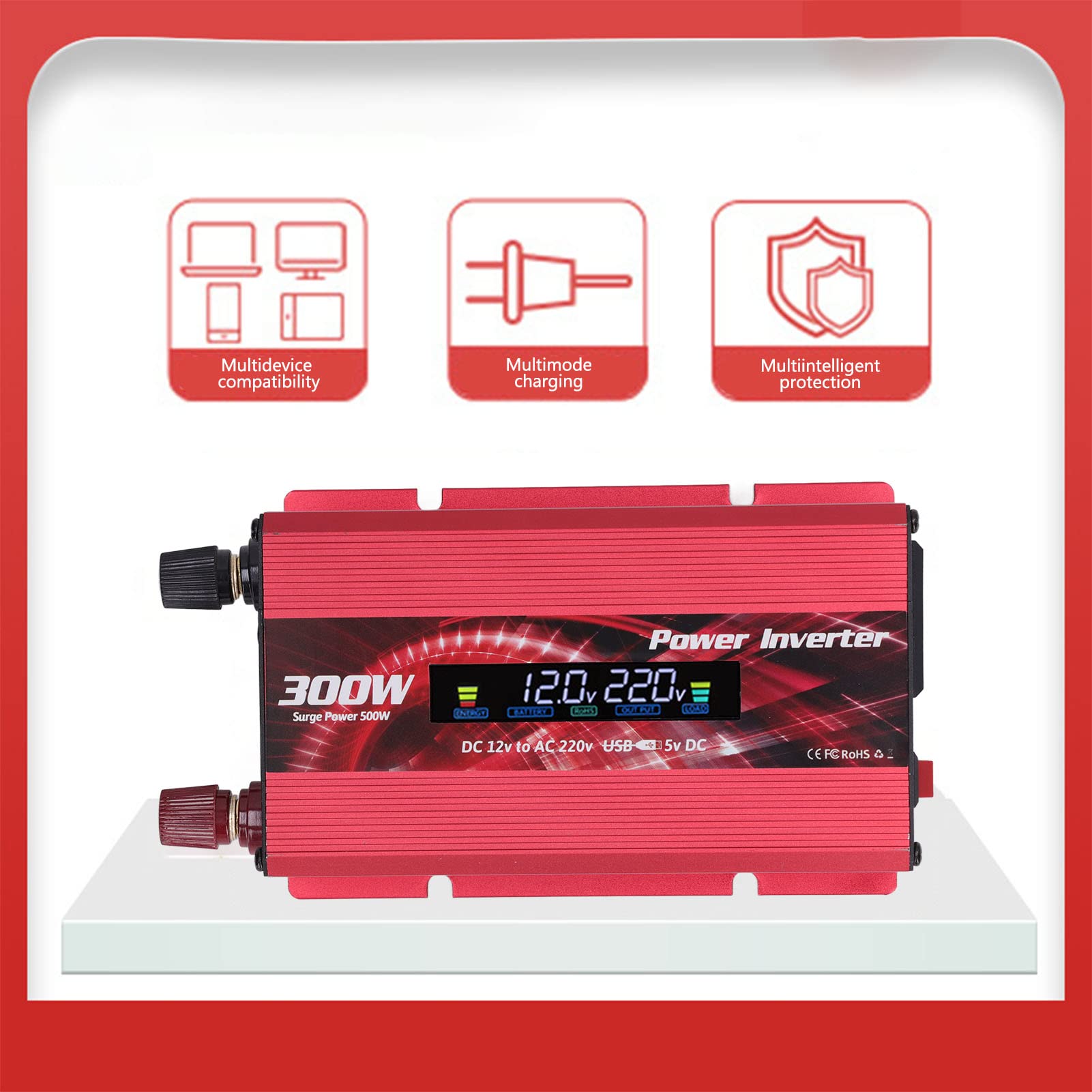 Garosa Konwerter Samochodowy Aluminiowy Falownik 300 W DC 12 V na AC 220 V z 2 A USB Wentylator Chłodzący z Wyświetlaczem LCD Do Podróży Samochodem Wycieczki Drogowe Do Użytku na Zewnątrz (czerwony)