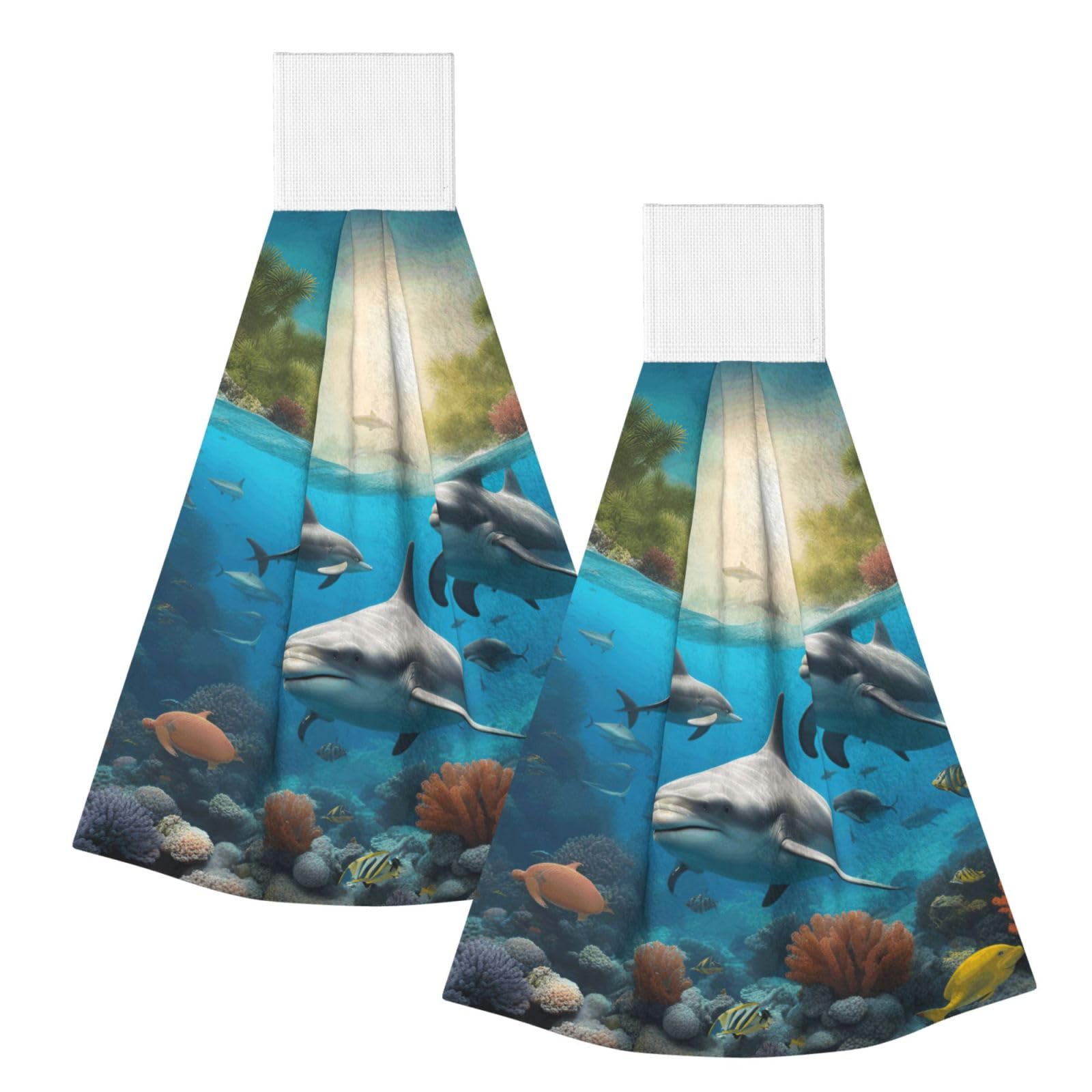DUWAA Dolphins Sea Turtle Shark Octopus Coral Print Hanging Hand Towel Quick Dry Bathroom Towel Soft Kitchen Towel