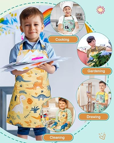 Miniatura 8 de Lictin Paquete de 2 delantales para niños y niñas para cocinar, delantal de arte impermeable con bolsillos para niños, pintar, cocinar, hornear