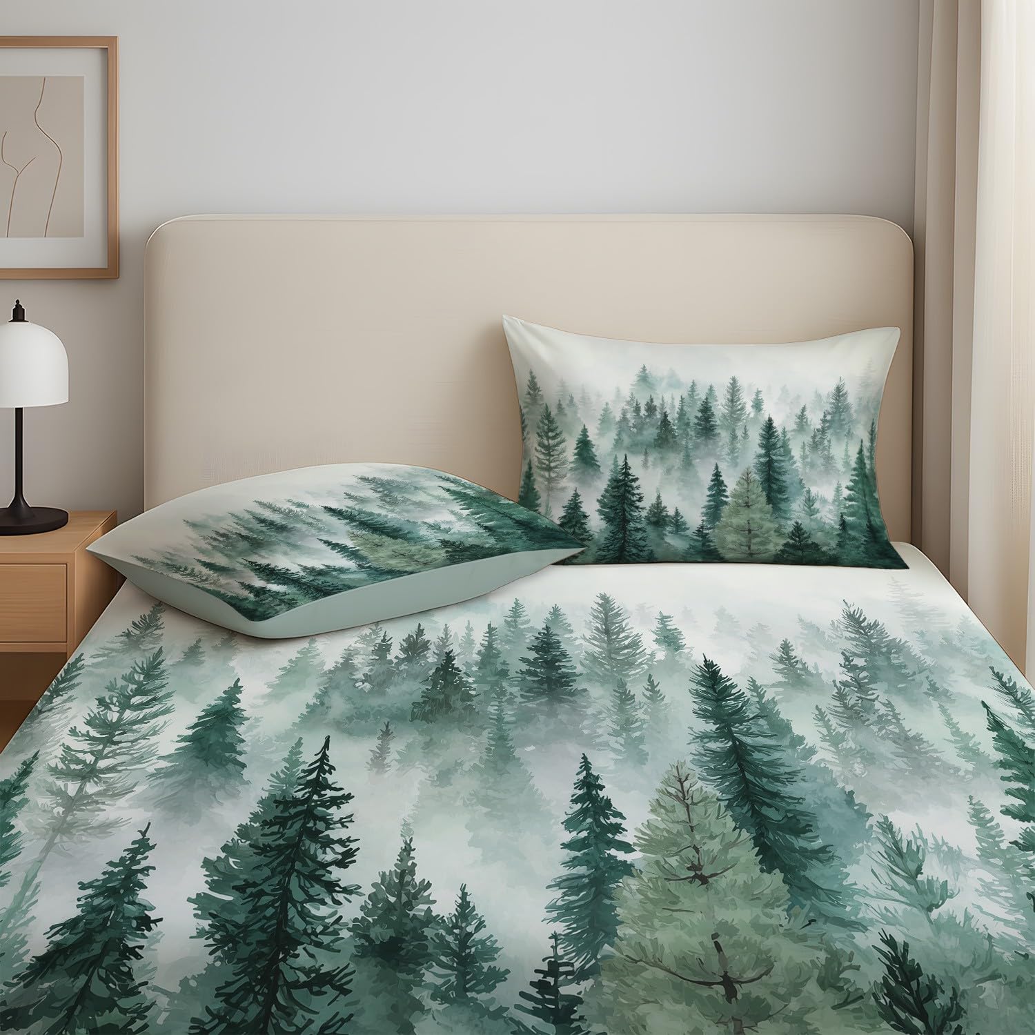 Mystique Forest Prześcieradło z gumką 140 x 200 cm Czapki 30 cm, Serein Spin Jodła Mgła dla dzieci nastolatków dorosłych, miękkie prześcieradło z mikrofibry, oddychający pokrowiec na materac