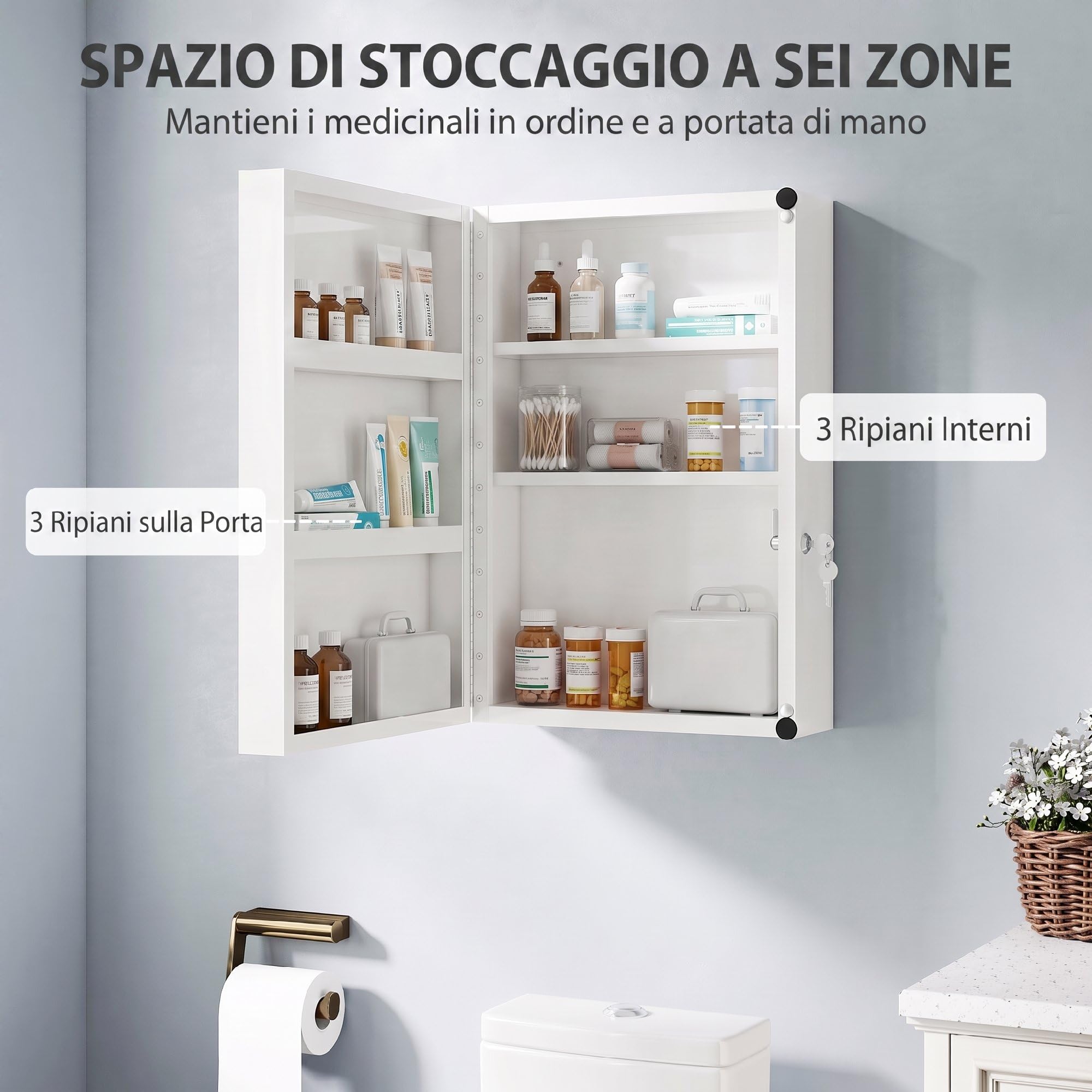HOMCOM Armadietto Porta Medicinali da Parete 2 Chiavi 40x18x60 cm Bianco