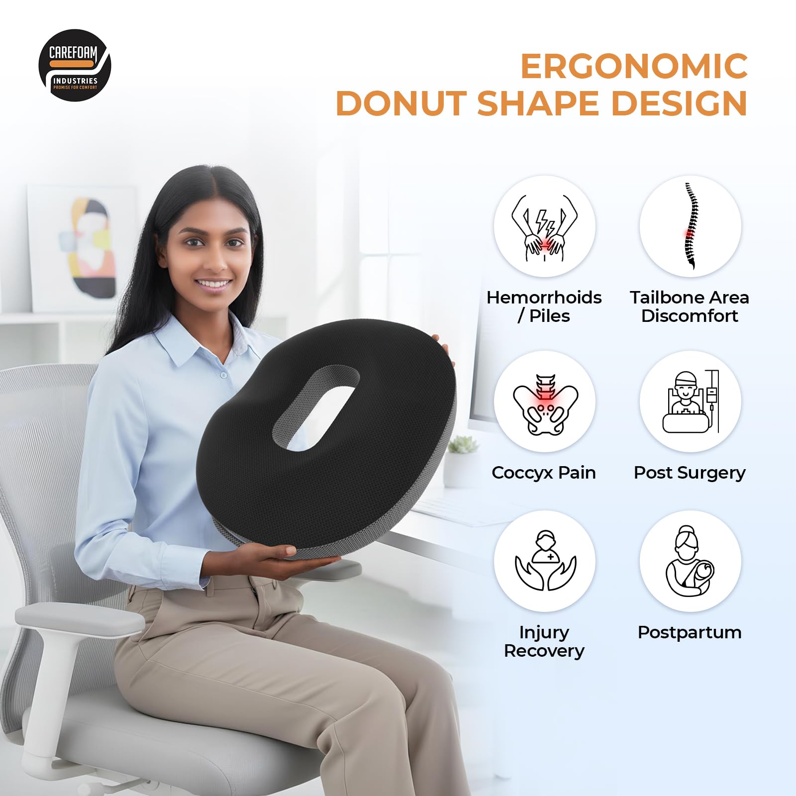 CareFoam Orthopedic Memory Foam Donut Cushion for Piles, Hemorrhoid, Tailbone & Hip Pain Relief | Ergonomic Pressure Relief Cushion for Office Chair, Car, Home & Wheelchair Use 1