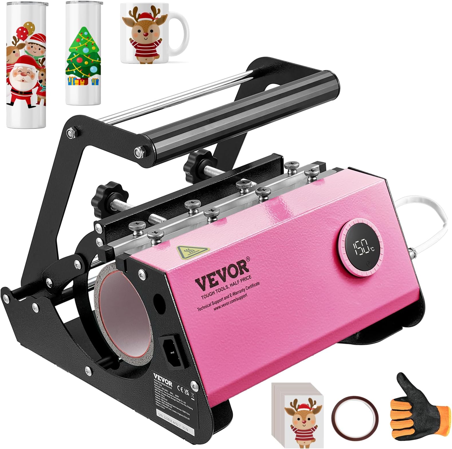 VEVOR Tumbler Heat Press Machine for 20oz-30oz Sublimation Blanks Tumblers Press, 11-16oz Mug Press with Knob Control Temp&Timer Setting, Sublimation Paper Heat Tape & Gloves-Pink