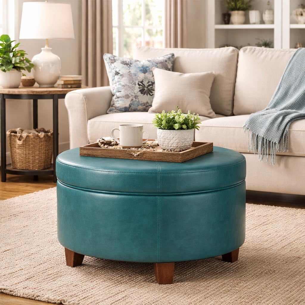 HomePop Round Leatherette Storage Ottoman with Lid, Teal