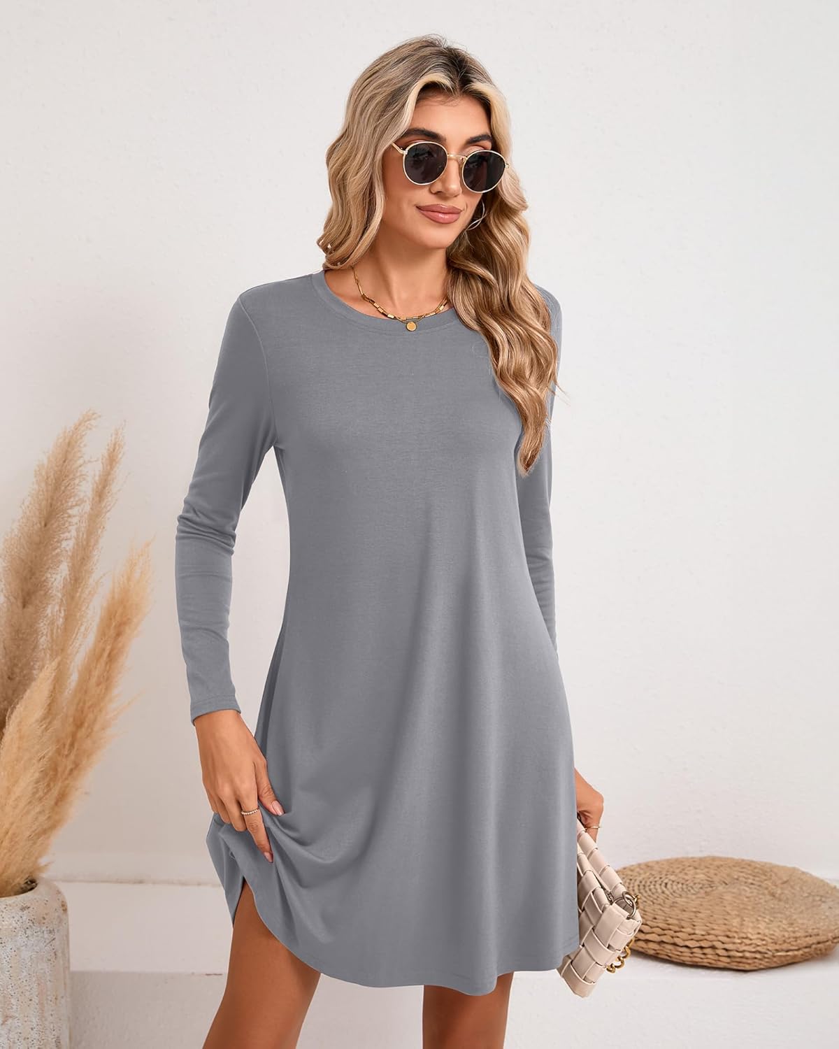 Huukeay 3 Pack Women's T Shirt Dresses, Long Sleeve Crew Neck Tunic Dresses Casual Loose Plain Dress Basic Swing Flowy Dress - Image 7